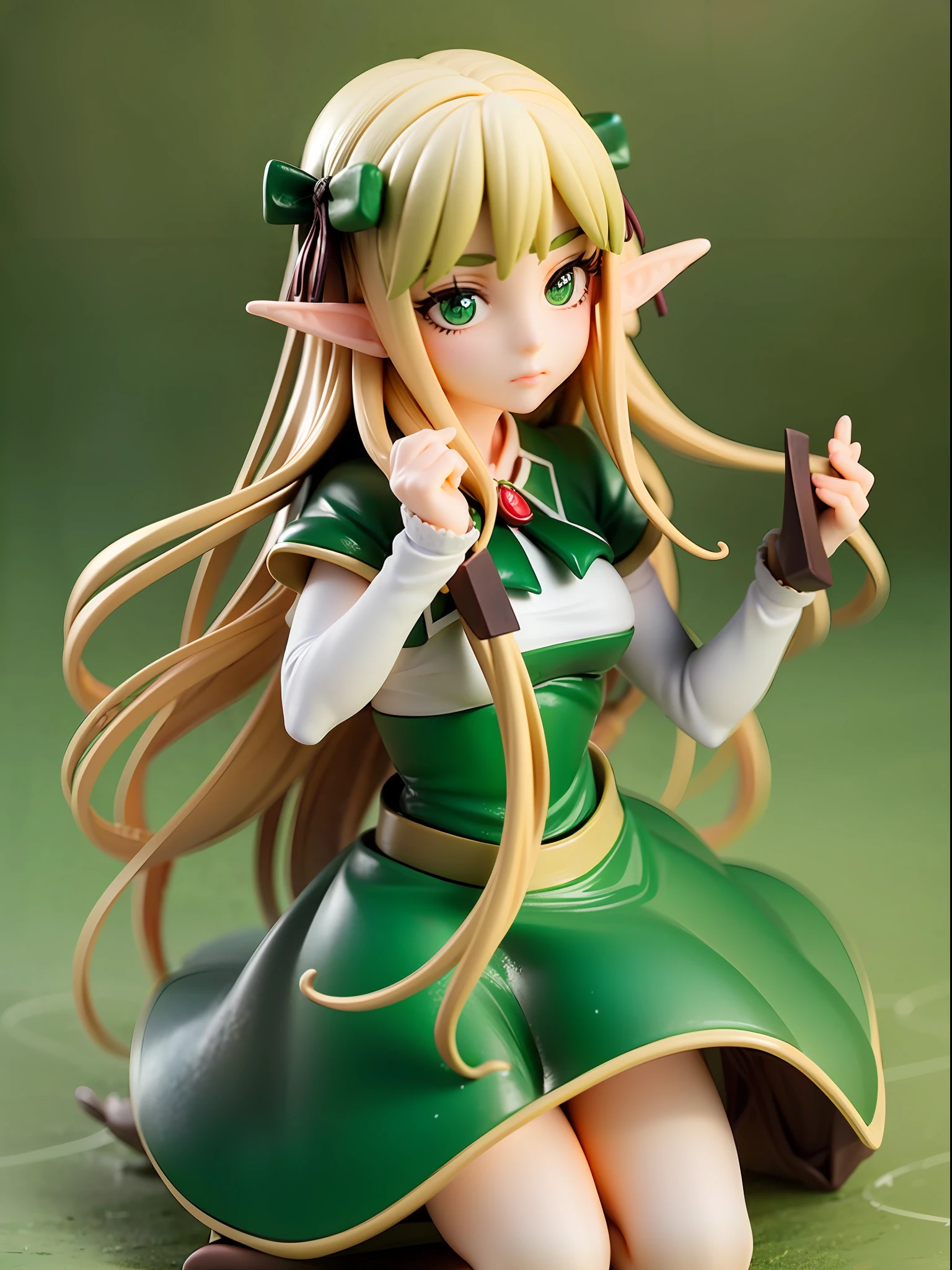 Emerald green, brown, elf girl, gentle and graceful face, wearing traditional elf costume, green and brown, leaf patterns, blonde long wavy hair, beautiful emerald green eyes, closed mouth, posing with a bow, deep forest background,