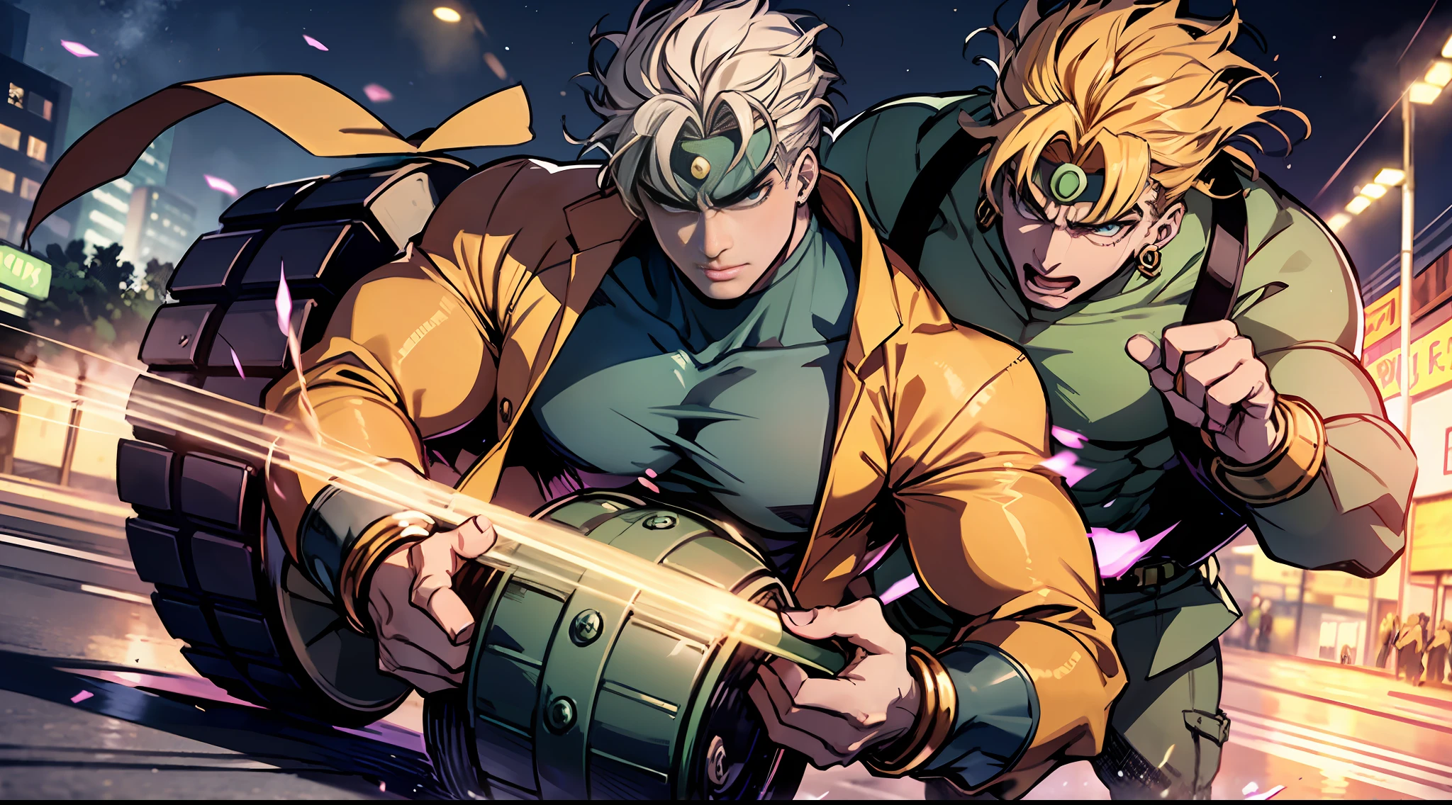 Two Dio Brandos rapping together, on a road roller, over a road roller, adove a road roller, concert with lots of people, night background, jojo, jojo's bizarre adventure, anime, masterpiece, best quality