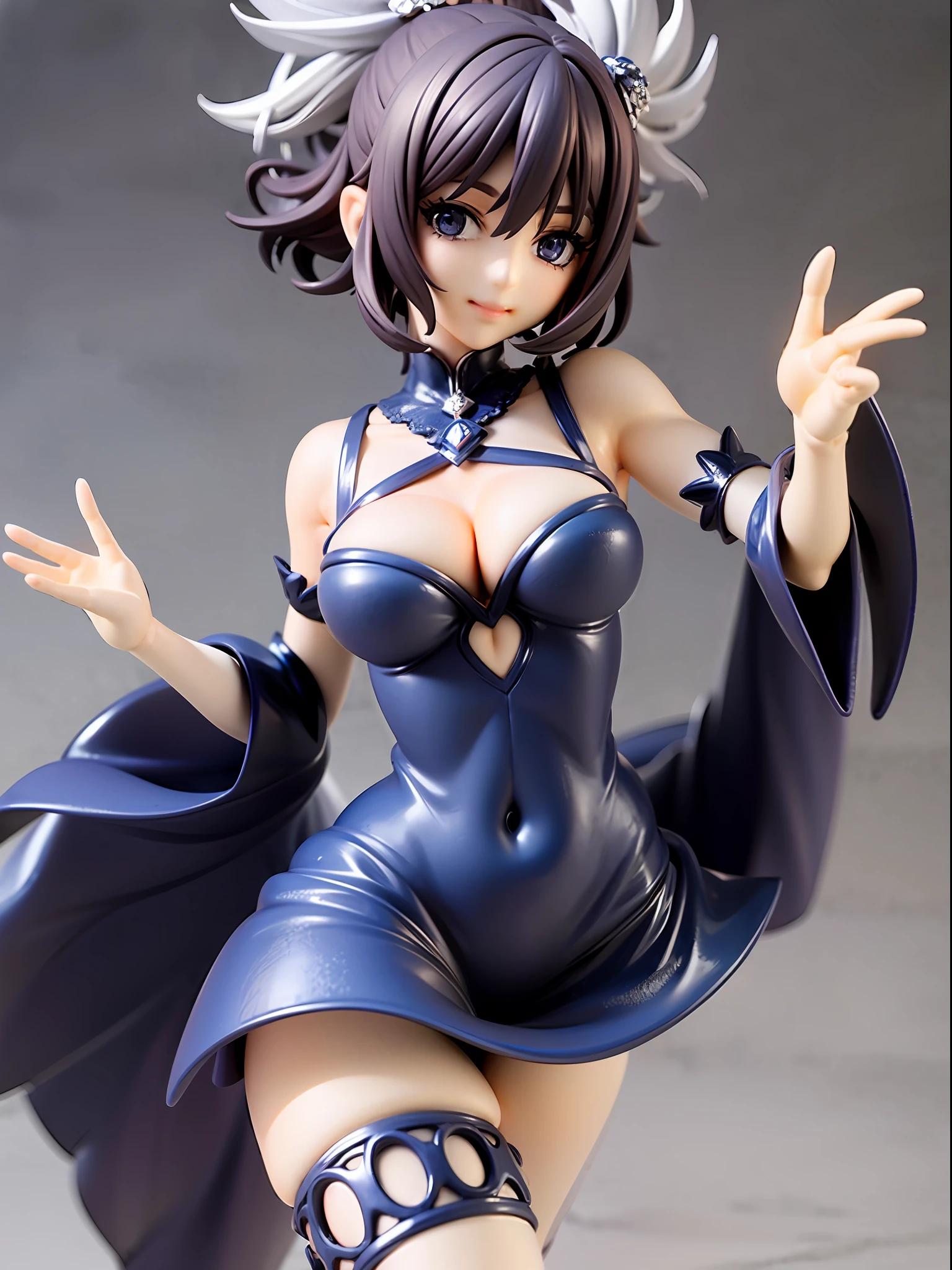 Midnight blue, silver, dancing girl, happy and energetic face, wearing 1920s flapper dress with silver fringes and beads, feather decorations, black short curly bob hair, beautiful dark blue eyes, closed mouth, stepping forward and dancing, city lit by moonlight