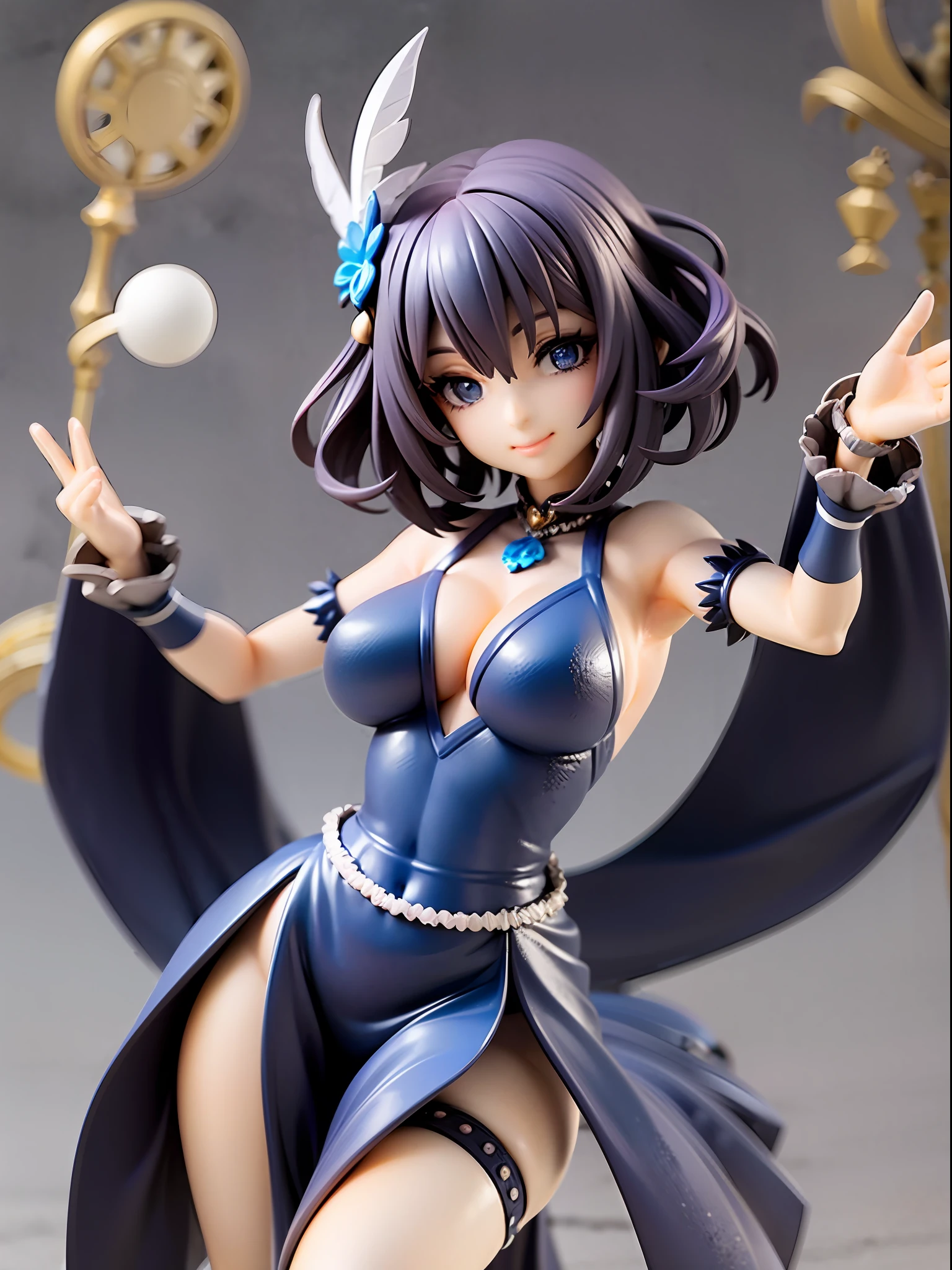 Midnight blue, silver, dancing girl, happy and energetic face, wearing 1920s flapper dress with silver fringes and beads, feather decorations, black short curly bob hair, beautiful dark blue eyes, closed mouth, stepping forward and dancing, city lit by moonlight