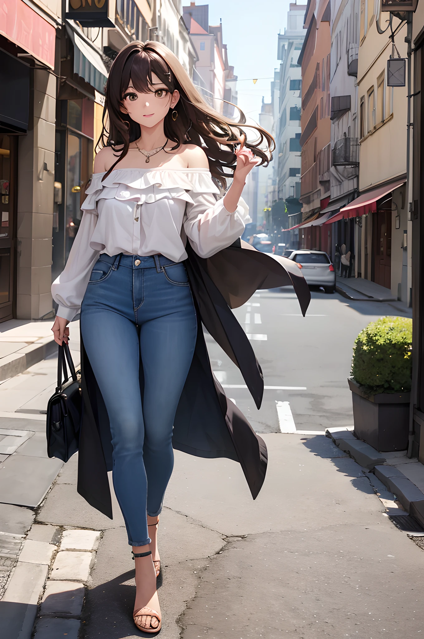 (masterpiece), (portrait), (aesthetic), (beautiful), (upper blody), (high quality), (aesthetic clothings), (professional angle), (rule of thirds), (Feminine), (woman), (female), (beautiful),(feminine features), (25 years), solo, 1 woman, (attractive Portuguese), Autumn, Warm light, (Walking), Natural Makeup, (Medium bust), ((holding a Pastel de Nata)), (Front face), (Friendly expression), ((Warm, Inviting)), Statement Necklace, ((Medium hair)), (Brown hair), (Curly hair), (Voluminous hair), Natural shine hair, (Hairpin in hair), (Brown eyes), (Casual, Chic look), (Olive skin), (Vibrant clothing), (Blouse), (Jeans), (Sandals), Off-Shoulder neckline), ((Urban background)), (- in background), (Full Shot shot), beautiful hands, two hands, normal hands, two arms, complete hands, beautiful body, beautiful fingers, normal fingers, five fingers, five fingers, (Thumb index meddle ring little fingers), beautiful ears, normal ears, beautiful eyes, shiny eyes, beautiful mouth, beautiful lips,