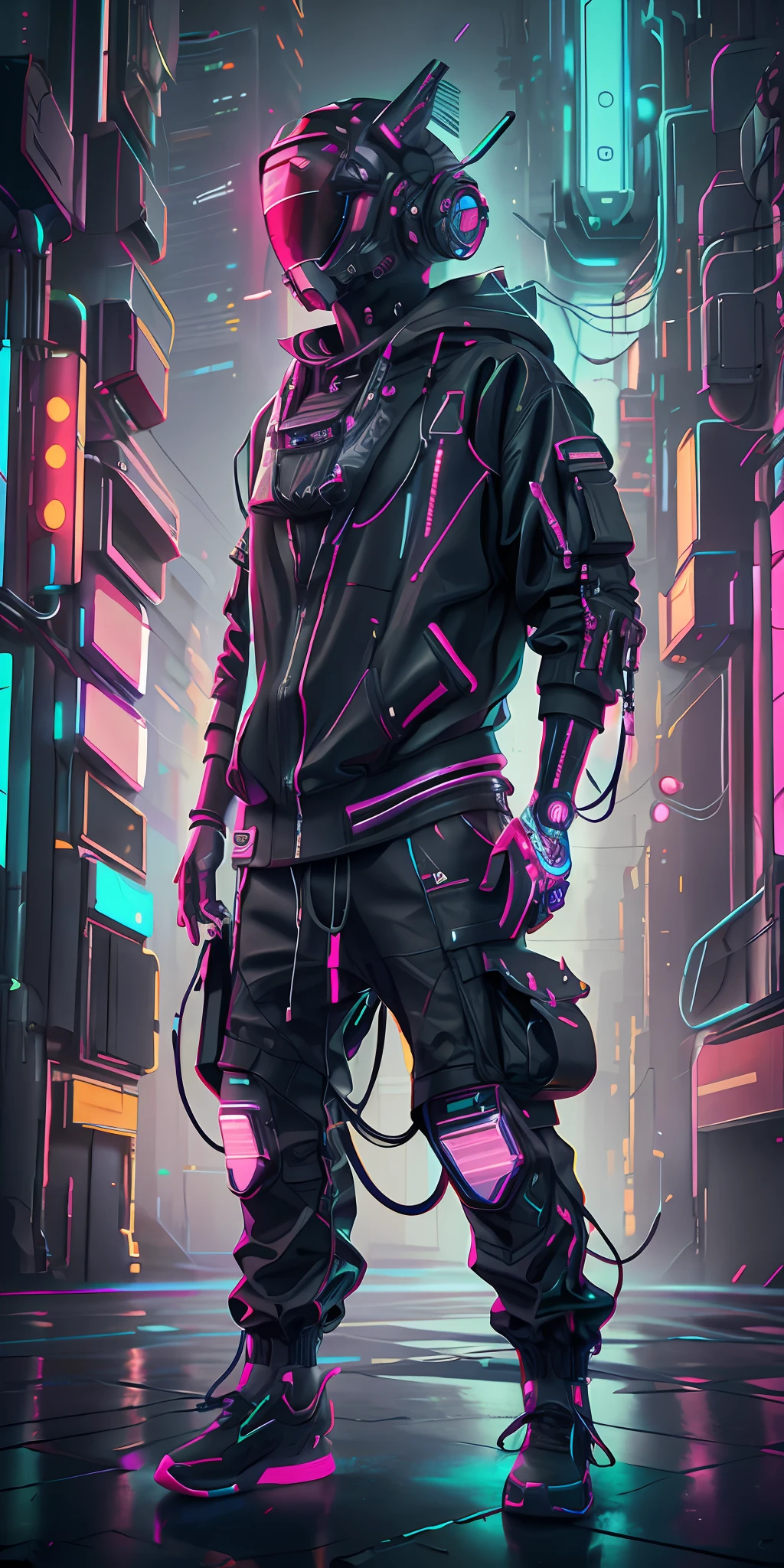 (masterpiece, full body shot, intricate raw photography) Cyberpunk citizen, comfortable oversize black hoodie, black cargo pants, neon lights details on dark clothes,wearing a black Astronaut style helmet, neon light details, intricate, futuristic, sharpness, random friendly position, Cyberpunk City, street neon lights, night, Insta photo, photo of the year, octane render, substance, Maya 3D, cinema4D, ArtStation Trending, Devian Art Trend,