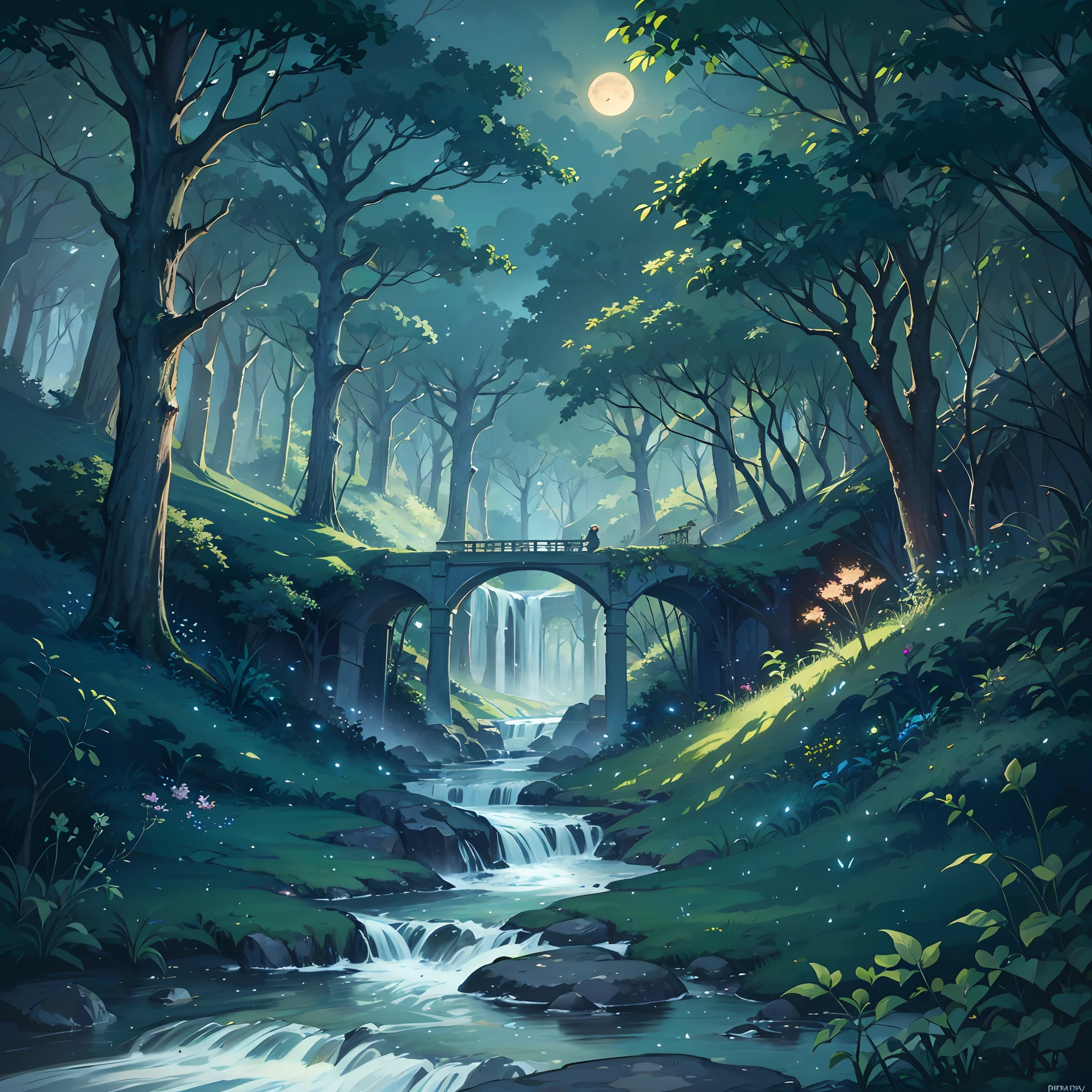 (dense forests:1.3,singing streams,lush flora,lush fauna:1.1) moonlight lighting, Disney Art style, 8K --auto --s2