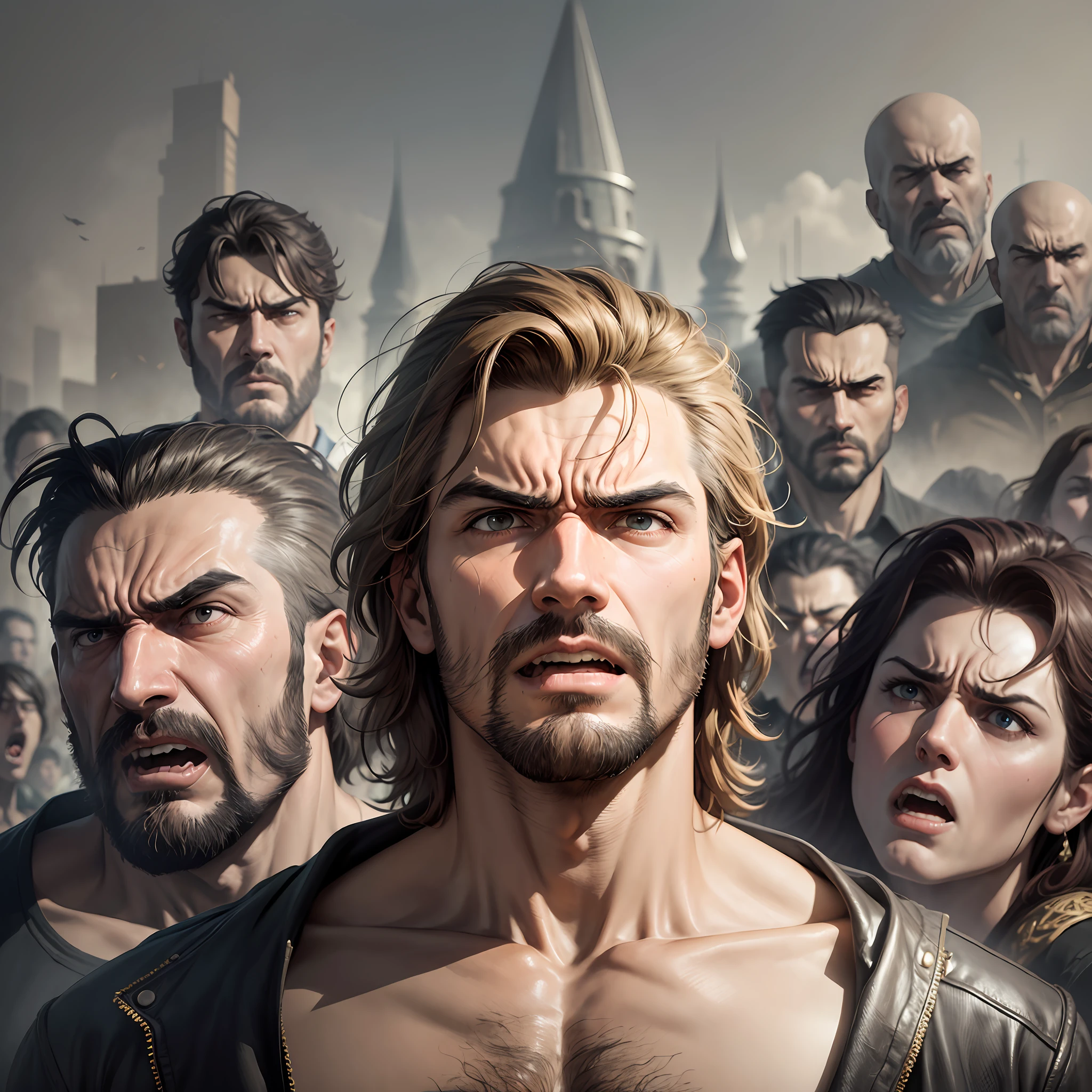 Masterpiece, a man surrounded by several angry people, and his expression is one of fear --auto --s2