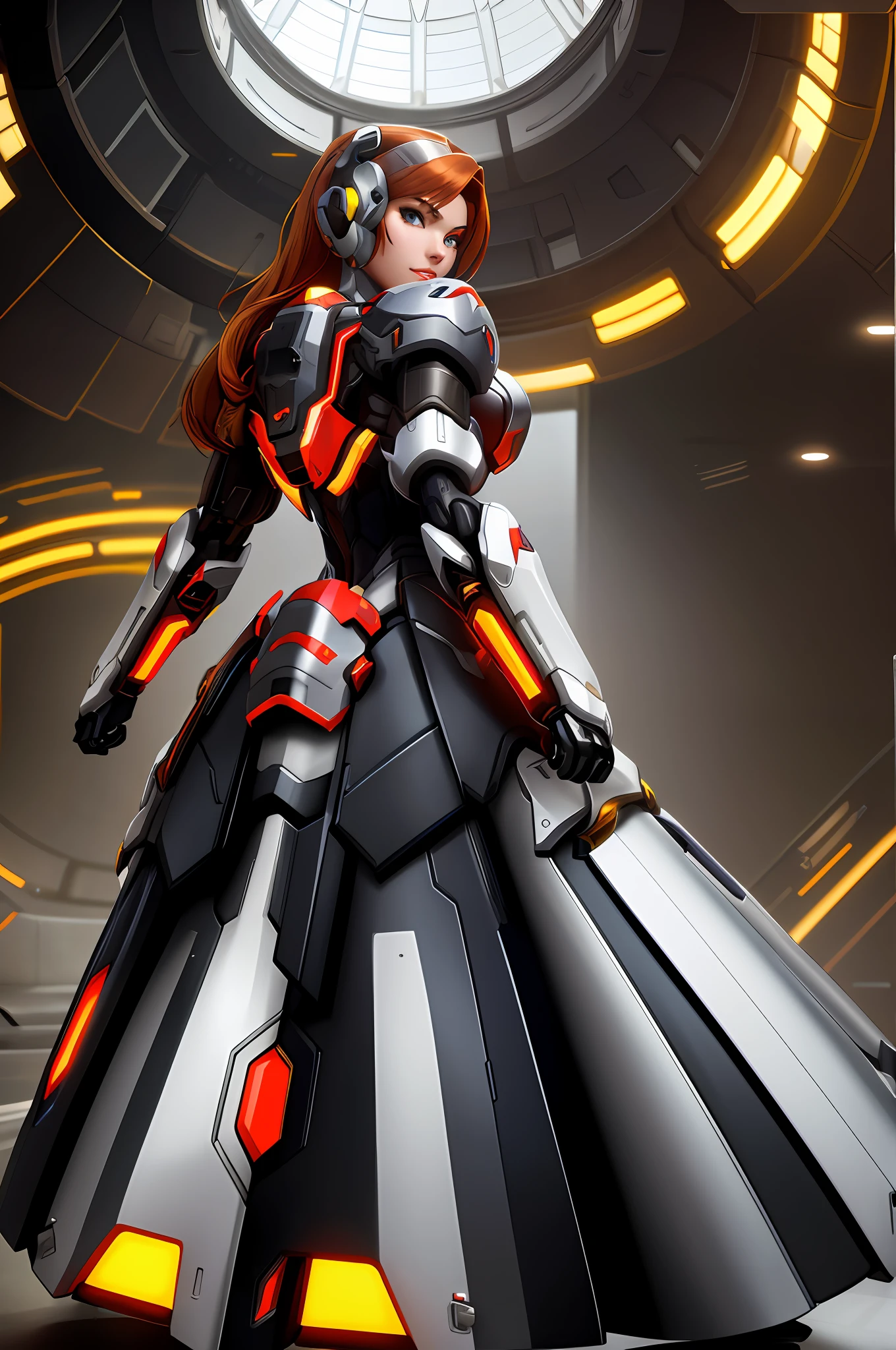 there is a woman in a futuristic dress standing in a room looking at the camera over the shoulder, girl in mecha cyber armor, 3 d render character art 8 k, lovely brigitte from overwatch, brigitte from overwatch, moira from overwatch, 3 d render official art, clothed in cyber armour, unreal engine character art, clothed in sci-fi military armor, as overwatch character, official character art