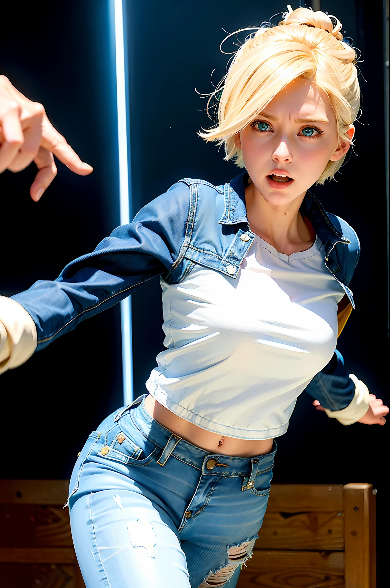(((1 girl, cute, denim jacket, white top, jeans, Gloves, blond, short hair, bob hair, side parted hair, blue eyes))), (((blond hair))),
dynamic poses, manga style, depicting a group of characters in various action scenes, from intense battles to lighthearted moments, with dramatic speed lines and bold sound effects, capturing the excitement and energy of the story, Laser rays from the palm of hand, Attack forward with palm, yellowstone park, Grand Canyon,