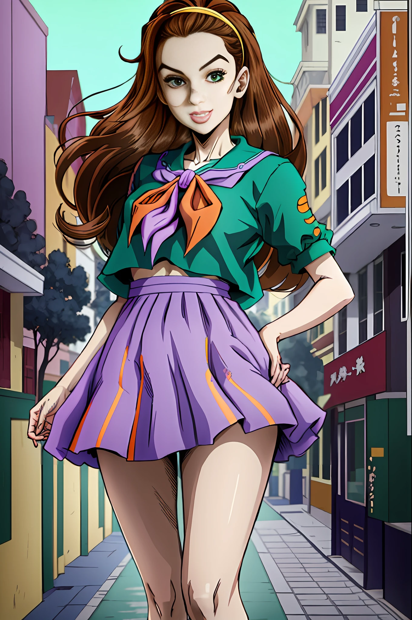Obra-prima, melhor qualidade, 1Girl, Solo, Gigante, Gigante, (((Towering You)))), (Full Body), Absurdres, ((solo)), 1Girl, Hairband, Medium Small Breasts, Parted Lips, Smile, Serafuku, Green Shirt, Short Sleeves, Purple Neckerchief, (Streets, Outdoors, Orange Sky), Araki Hirohiko (Artstyle), Diamond Wa Kudakenai, Parte Superior do Corpo, Retrato