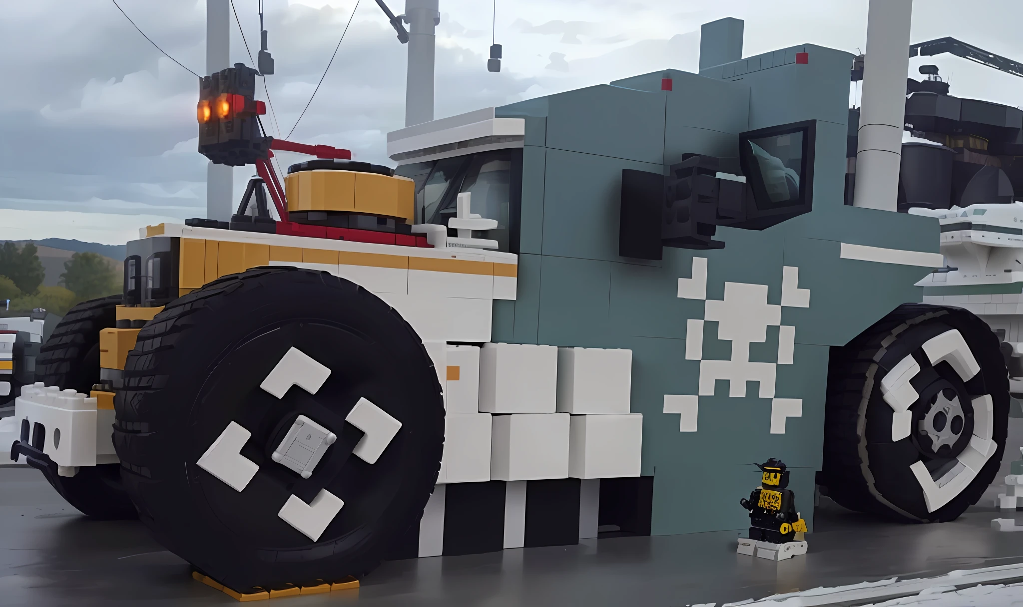 truck with a large tire on display in a parking lot, , the robot is captain of a ship, made of lego, made of legos, porsche made of, in a sci-fi transport port, p, pirate robot, movie style, new set --auto --s2