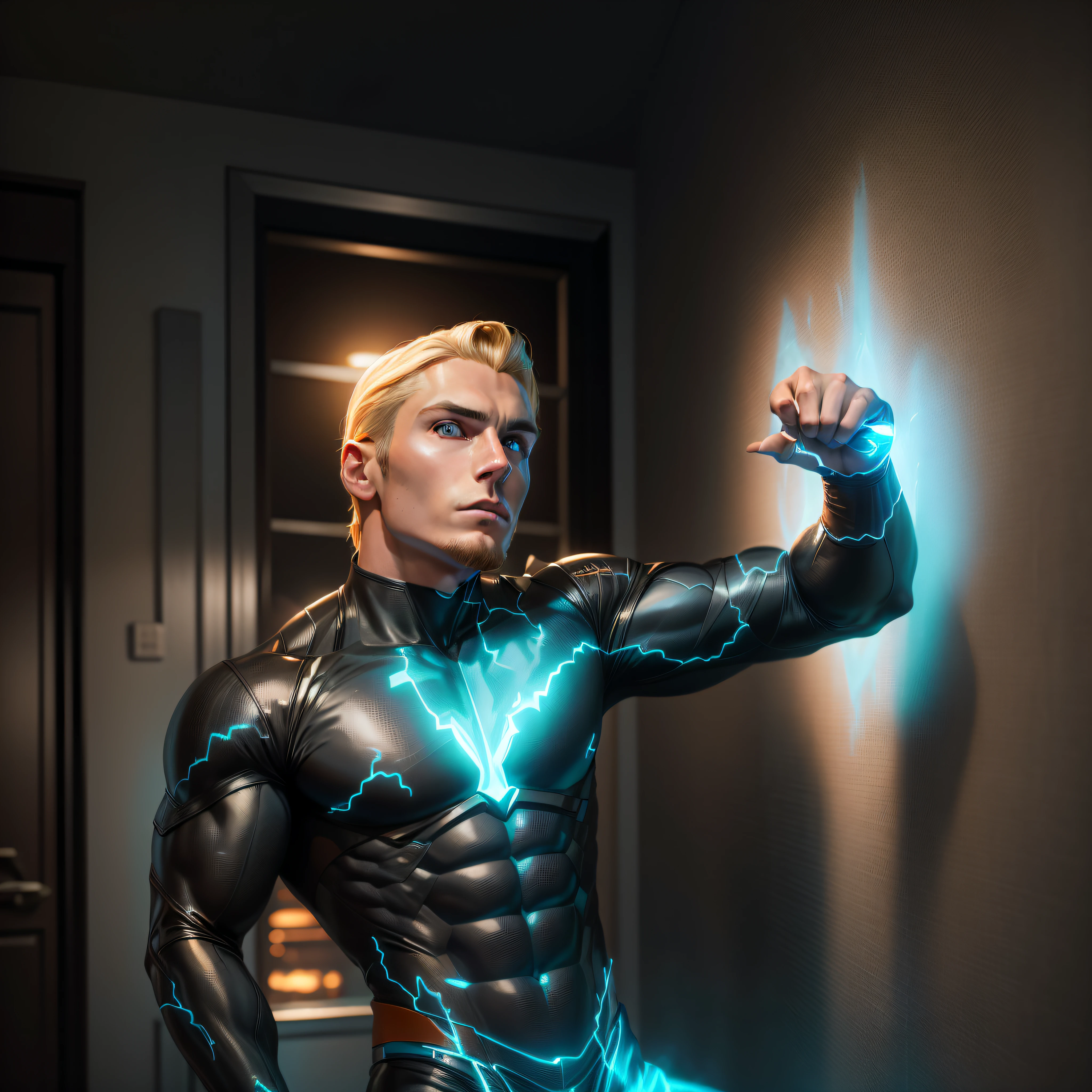 Arafed young man with long blonde hair 21 years old without a beard in a graphite or black wetsuit with bright orange veins like led, Boys Homelander, no beard, smooth skin, Quicksilver, 3D render of Jerma 9 8 5, homelander, full portrait of Electromancer, Human Torch, light background, Reed Richards, Aquaman, amazing wallpaper, powerful male man, he man, On the wall there is the name SPINNER written in neon --auto --s2