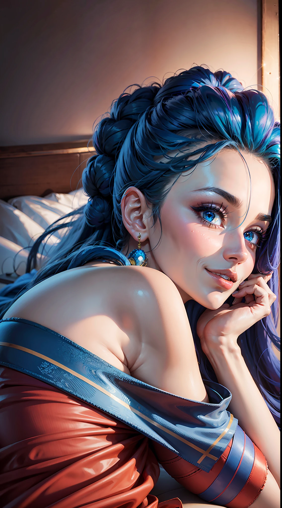 masterpiece, maximum quality, ultra high resolution, 8k, Marge Simpson (The Simpsons), full body, alone, very thin, very detailed face, incredibly identical face, detailed eyes, mischievous smile, cheerful, human pelle, short red dress, realistic photo, totally realistic, human pelle, studio lighting, in bed, fully humanized, perfect, identical in every detail, four, side view