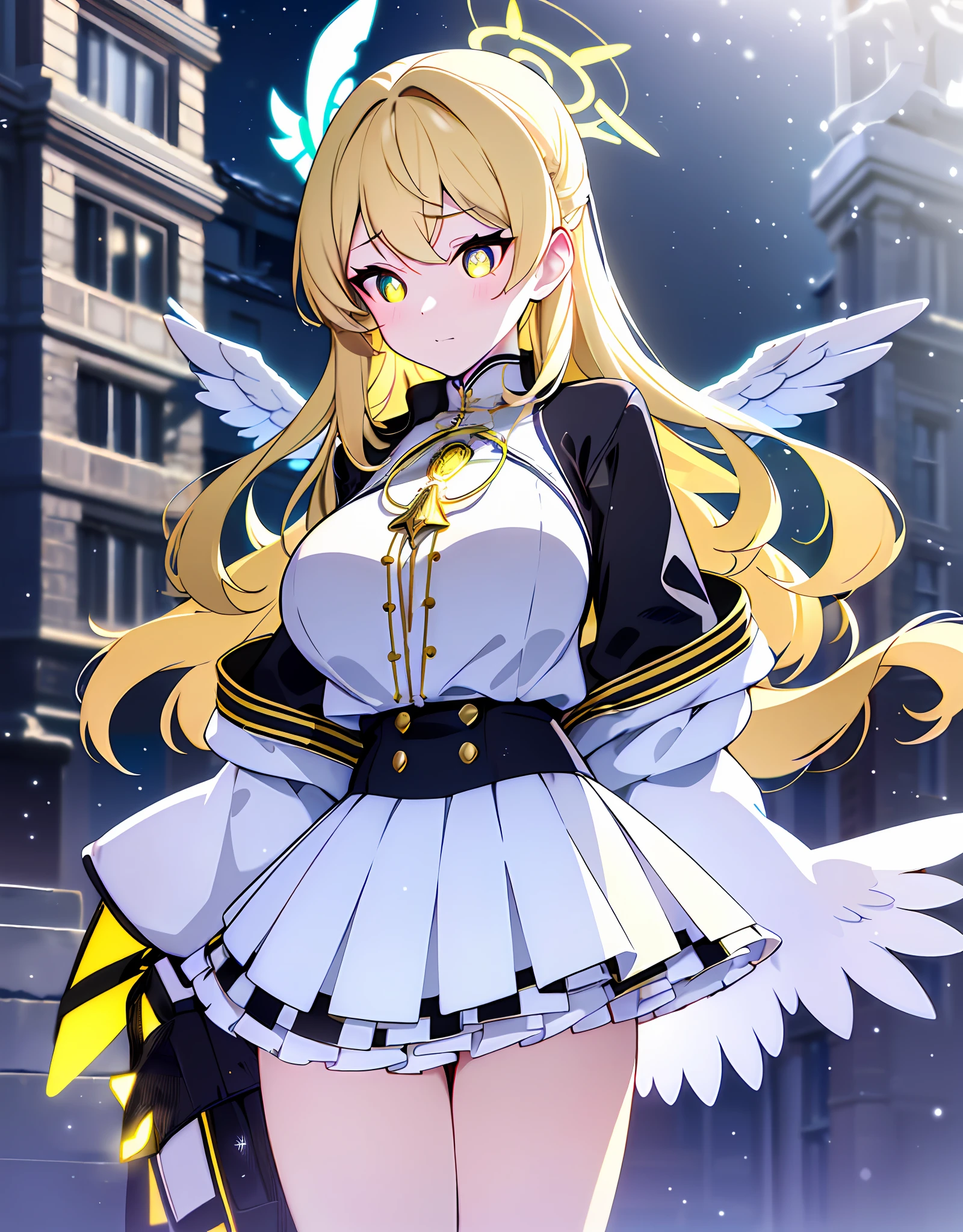 (sunaookami shiroko:1.2), {{{{masterpiece, extremely detailed, intricate details, soft focus, 8K, highres, depth of field, absurdres, high quality facial shadowing, dynamic shadowing, extreme shaders, cinematic lighting, perfect lighting, soft lighting, hazy lighting, blurry foreground, lens flare}}}}, best quality, asian qualities, {front view}, (solo:1.2), (beautiful young girl:1.3), high school girl, {{{extremely detailed girl, perfect anatomy, perfect body}}}, (detailed neon angel halo:1.4), bright yellow double halo, (beautiful-detailed hair:1.3), (yellow-blond hair:1.3), long luscious hair, (multi-layered hair:1.5), (hair splayed out:1.2), beautiful-detailed facial structure, detailed beautiful face:1.3, sexy face, cute face, slender facial structure, (detailed face:1.33), big eyes, (detailed glowing eyes:1.4), glowing bright yellow eyes, (detailed facial expression:1.1), shy, slightly open mouth, detailed-slight red blush, (detailed large angel wings:1.4), beautiful-detailed large white glowing angel wings, (detailed boobs:1.3), small size boobs, (slim waist:1.1), (slim legs:1.1), standing up, (detailed necklace:1.2), (glowing yellow simple plain necklace:1.3), (winter school uniform:1.3), (detailed pure white winter school jacket:1.5), (detailed pure white checkered winter school skirt:1.5), (detailed pure white socks:1.5), (detailed black school shoes:1.3), winter night, (enhanced background:1.4), snow falling at midnight with clear skies overhead with a waterfall in the background, snow on sidewalks with Christmas lights on tree's surrounded the viewer, (full body shot:1.1), hazy photo, (warm photo:1.3)