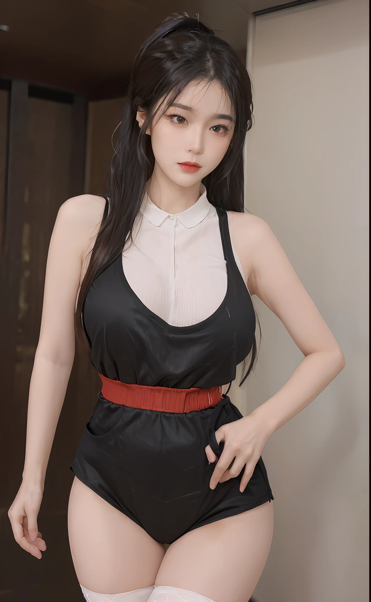 (masterpiece, realistic, high resolution), ((1 girl): 1.2), Korean, ((white wavy hair): 1.3), (heterochromic eyes: 1.1, thick eyebrows,), (medium breasts: 1.2, small waist, thighs), catwalk walk, masterpiece: 1.2, best quality), realism, (real pictures, rich detail details, depth of field), (1 girl, solo), makeup, high detail, perfect face shape, (: 1.4), (skin dents), thick thighs, wide hips, thin waist, high, coral, red lips, red eyes, ponytail, (sweat: 1.2), (wet), sexy, blush, (shy expression),  Vests, suspenders, belly pockets, stockings, fishnet socks,