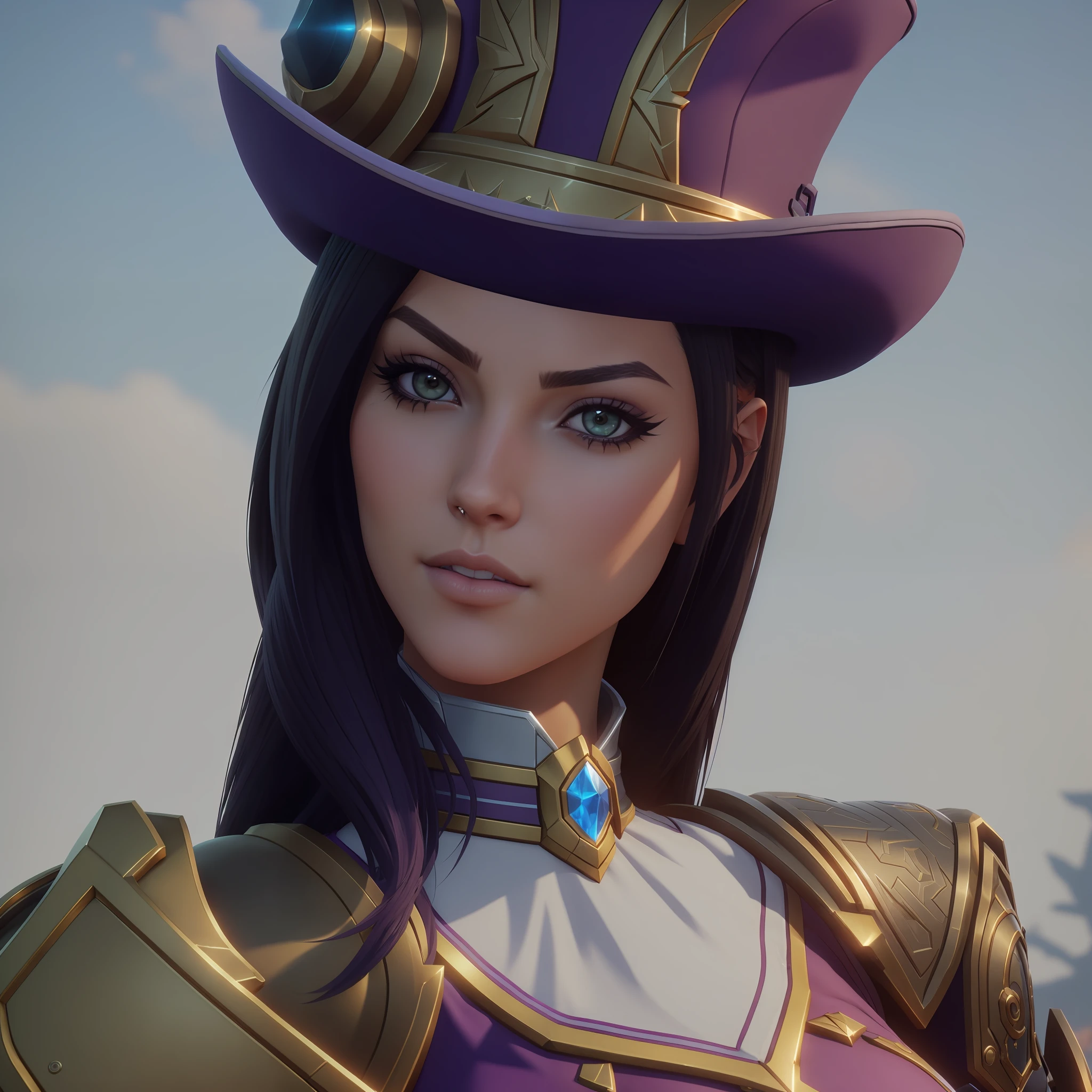 A closeup of a woman with a gun and a hat, Caitlyn from League of Legends, Unreal Engine 3d, highly detailed character, Valkyrie style character, female Paladin portrait, detailed character portrait, closeup of character art, unreal 5. RPG portrait, highly detailed character design, detailed character art, close-up character, character art portrait, ashe, artgerm. High detail