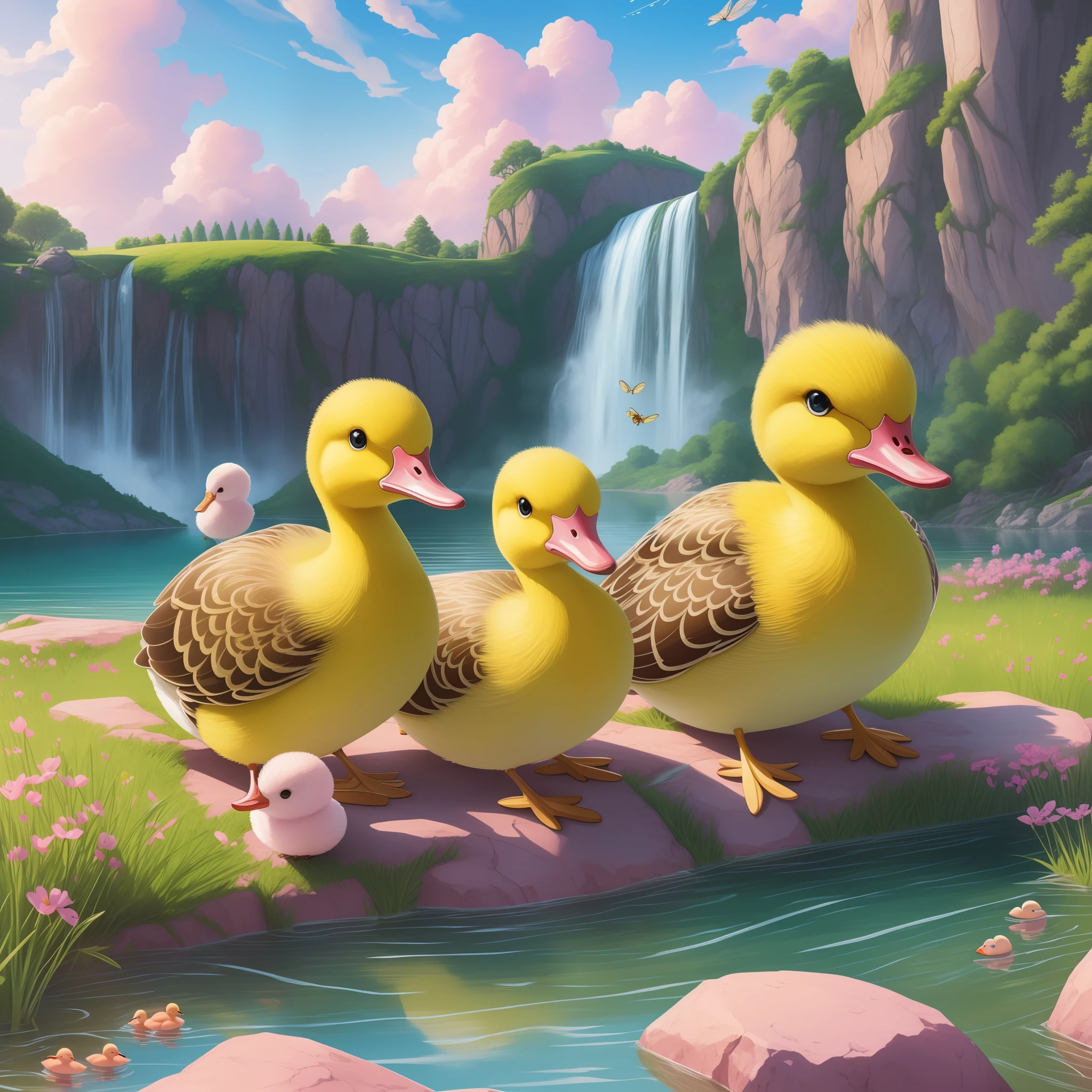 (hyper-realistic), (illustration), (high resolution), (8K), (extremely detailed), (best illustration), (best quality), (ultra-detailed), (masterpiece), (wallpaper), beautiful and perfect pink on the lawn full of grass and insects, a bright sun, beautiful clouds, ducklings playing in the lake, lake with rocks and waterfall.