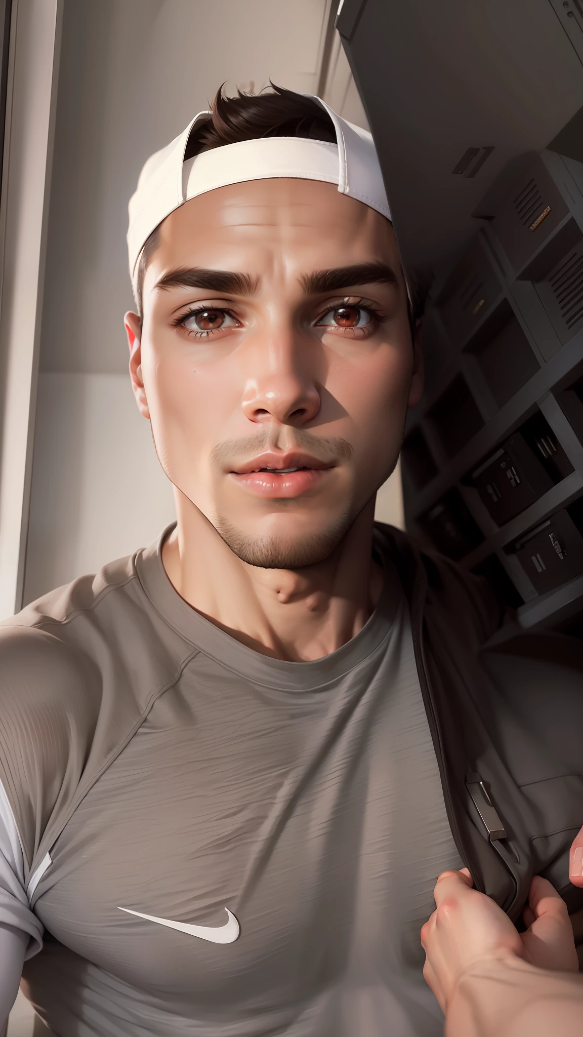 (masterpiece, best quality ), 1man, muscular, short hair, brown eyes, intricate, (locker room) , full body, white baseball uniform, open red jacket, vivid colors,(depth of field:1.2),(abs),blush, looking at viewer, on floor, spread legs,