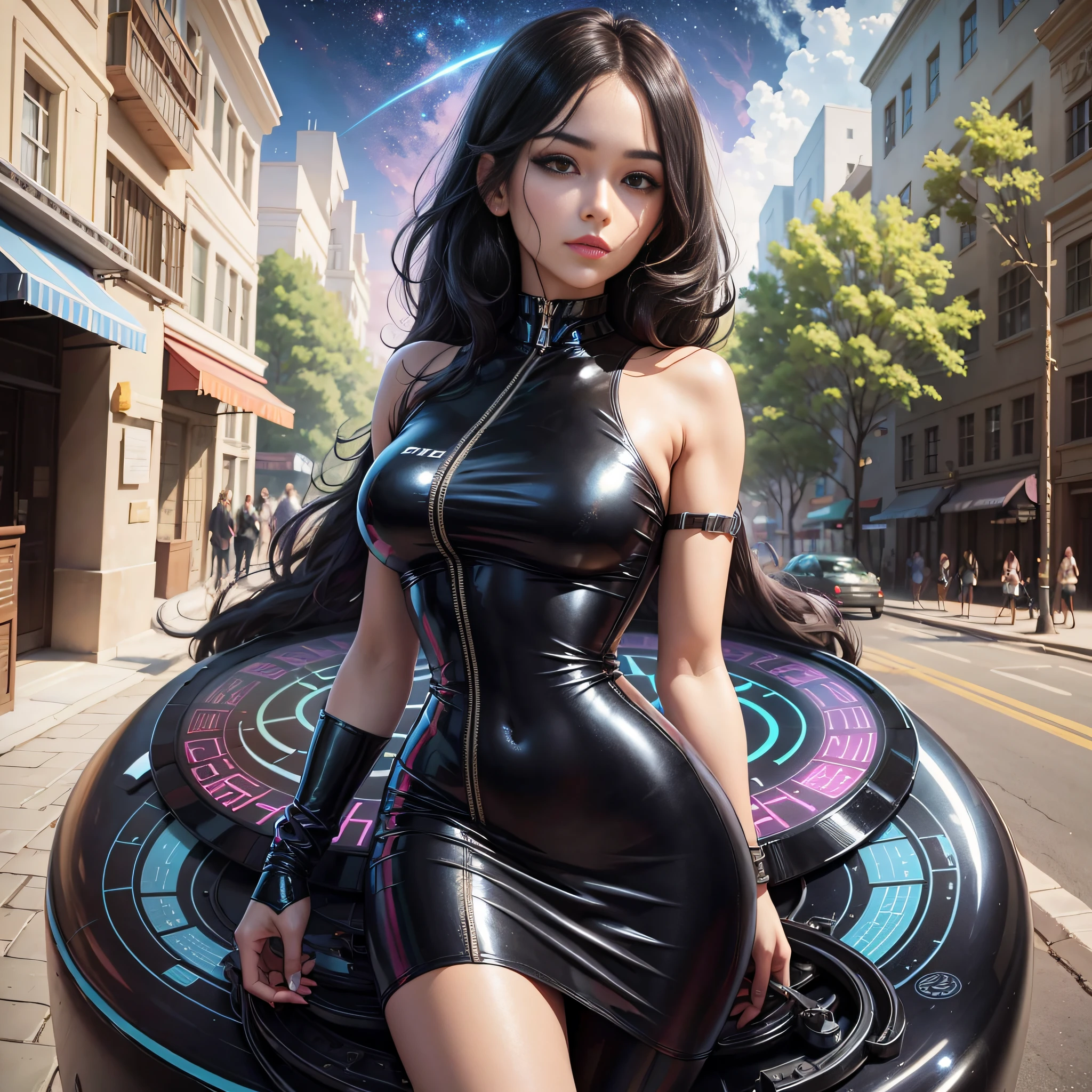 Galactic Federation female agent, two sexy young women, mini dress, black latex