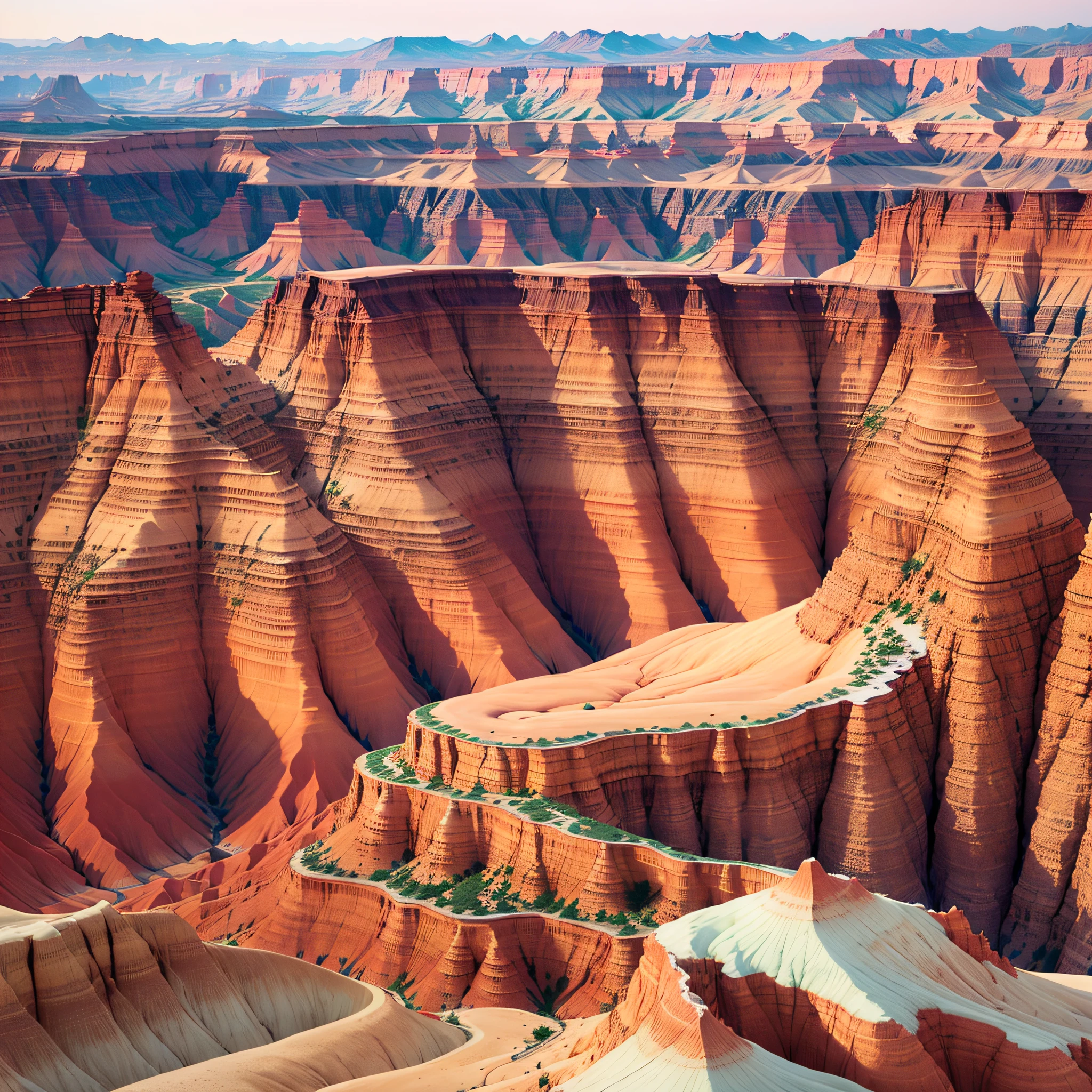 a hill overlooking a valley, a picture by Robert Zünd, tumblr, land art, badlands, chiseled formations, shiny layered geological strata, top of a canyon, epic land formations, the planet is warm with canyons, layers of strata, red peaks in the background, a wide full shot, geological strata, postprocessed --auto --s2