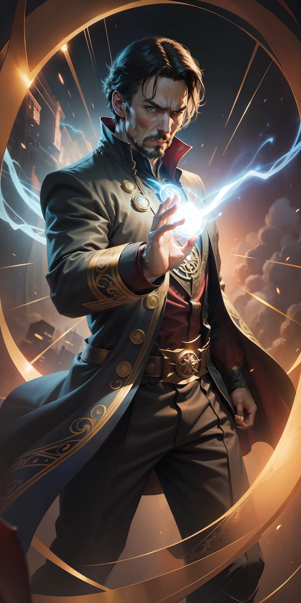 Masterpiece,best illustration, ultra resolution, beautiful, masterpiece of illustration,very well detailed,Doctor Strange,cinematic fight pose, holograms in his hands, Marvel style studios, cinematic colors,cinematic light