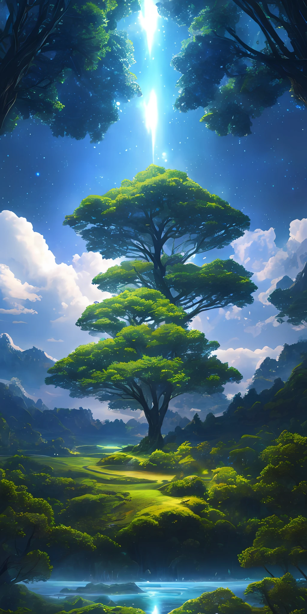 Illustration of a hyperrealistic , otherworldly, ultrasky scene featuring a giant crystal tree full body,very detailed and magical lighting, intricate forest details, vegetation and river around, solarpunk ,landscape, giant tree, beatifull leafy with beautiful lighting and realistic proportions, as if it were a cinematic background, 8k, highest quality, masterpiece, clouds and stars in the sky.