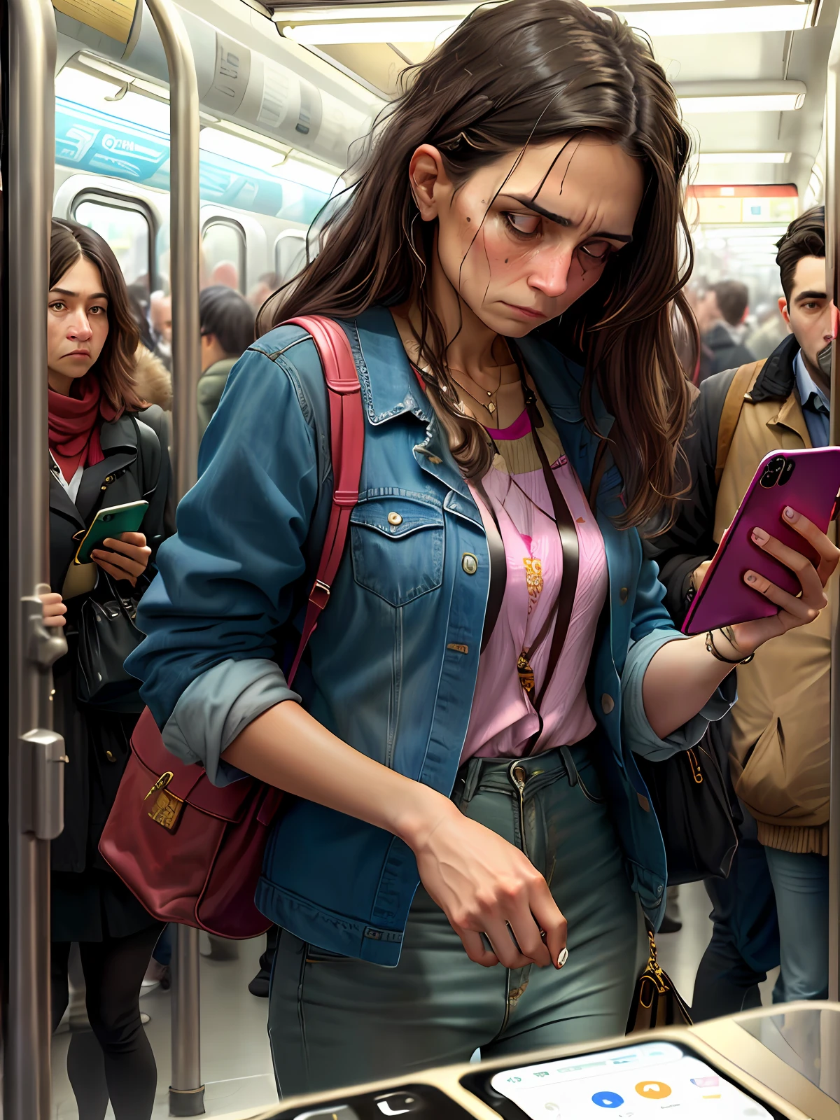 An ordinary woman with a haggard look looking down at her phone in a crowded subway