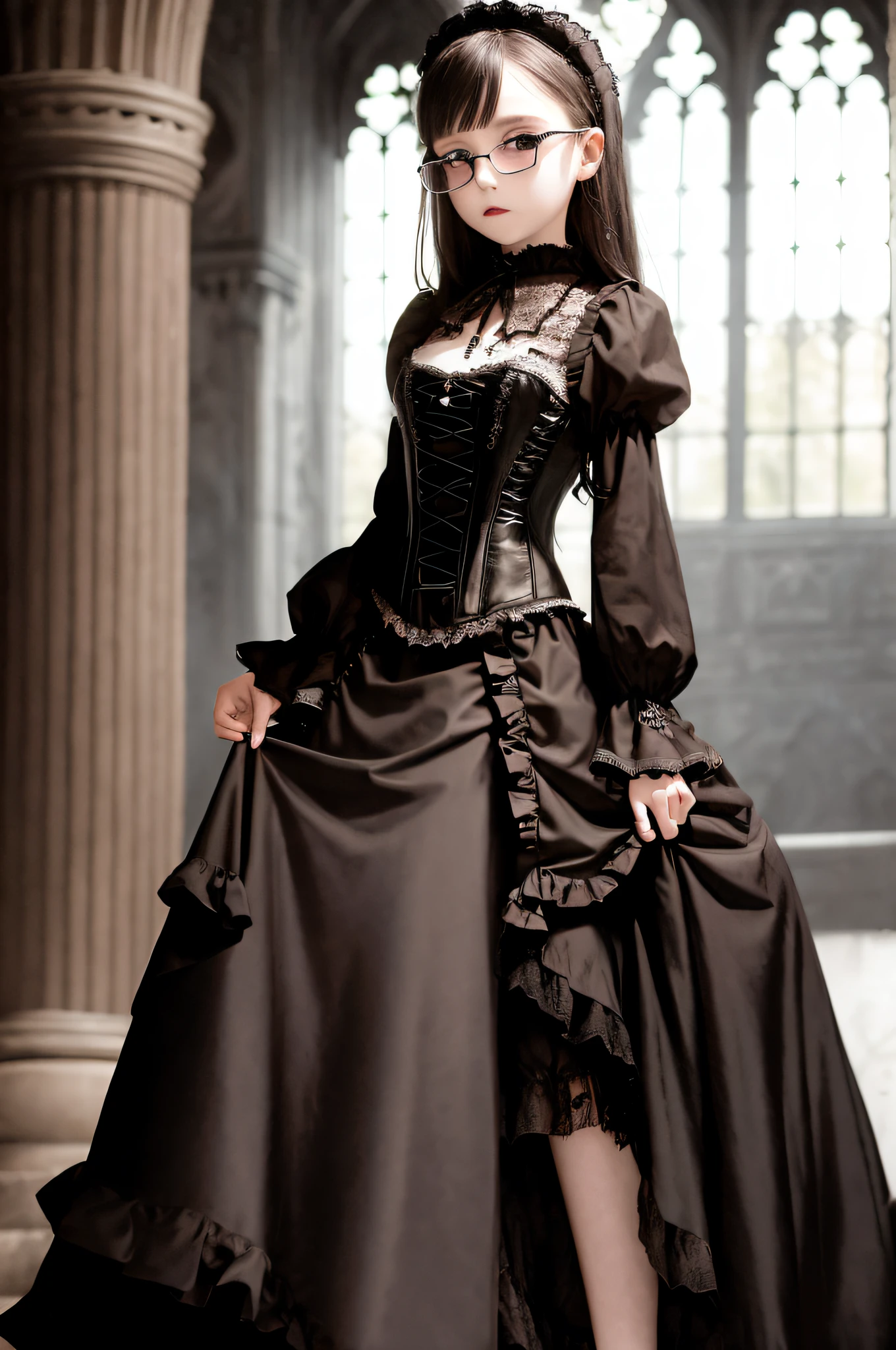 8--old ale Gothic fashion, gothic fashion, lace and ruffles, bustle skirt, corset, gothic rock, D cup breast size, Boston-style glasses, brown hair, semi-long hair, chapel