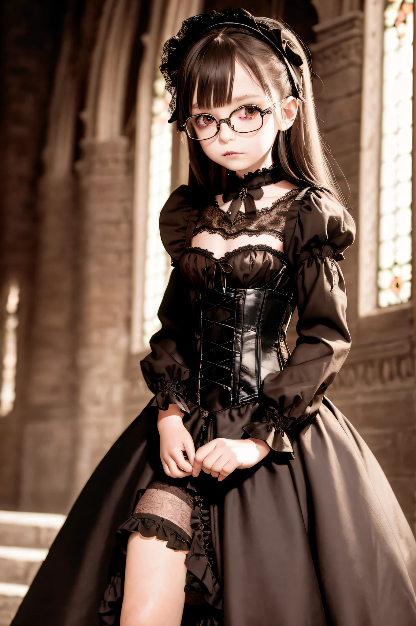 8-year-old female Gothic fashion, gothic fashion, lace and ruffles, bustle skirt, corset, gothic rock, D cup breast size, Boston-style glasses, brown hair, semi-long hair, chapel