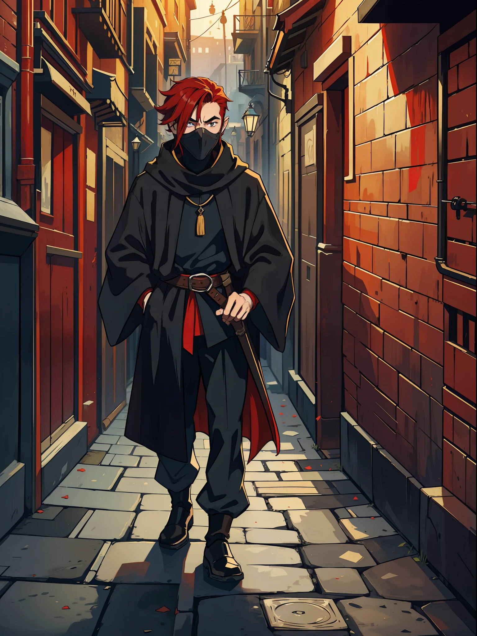a young man with red hair he is a rogue wearing black robes to go unnoticed and a mask that covers his mouth and nose he is in an alley of a medieval town any alley on the outskirts he has a wise and snobbish look make a very magical and surprising image background with various elements and colors