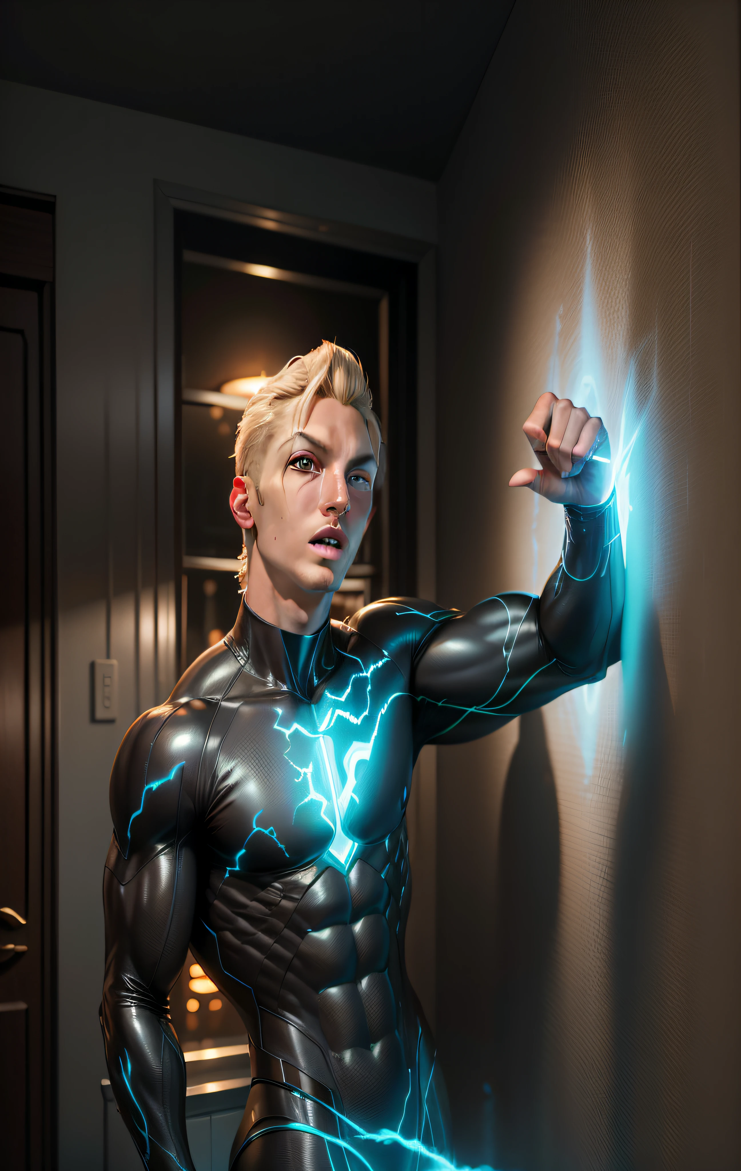 Arafed young man with long blonde hair 21 years old without a beard in a graphite or black wetsuit with bright orange veins like led, Boys Homelander, no beard, smooth skin, Quicksilver, 3D render of Jerma 9 8 5, homelander, full portrait of Electromancer, Human Torch, light background, Reed Richards, Aquaman, amazing wallpaper,  powerful male man, he man, On the wall there is the name SPINNER written in neon --auto --s2