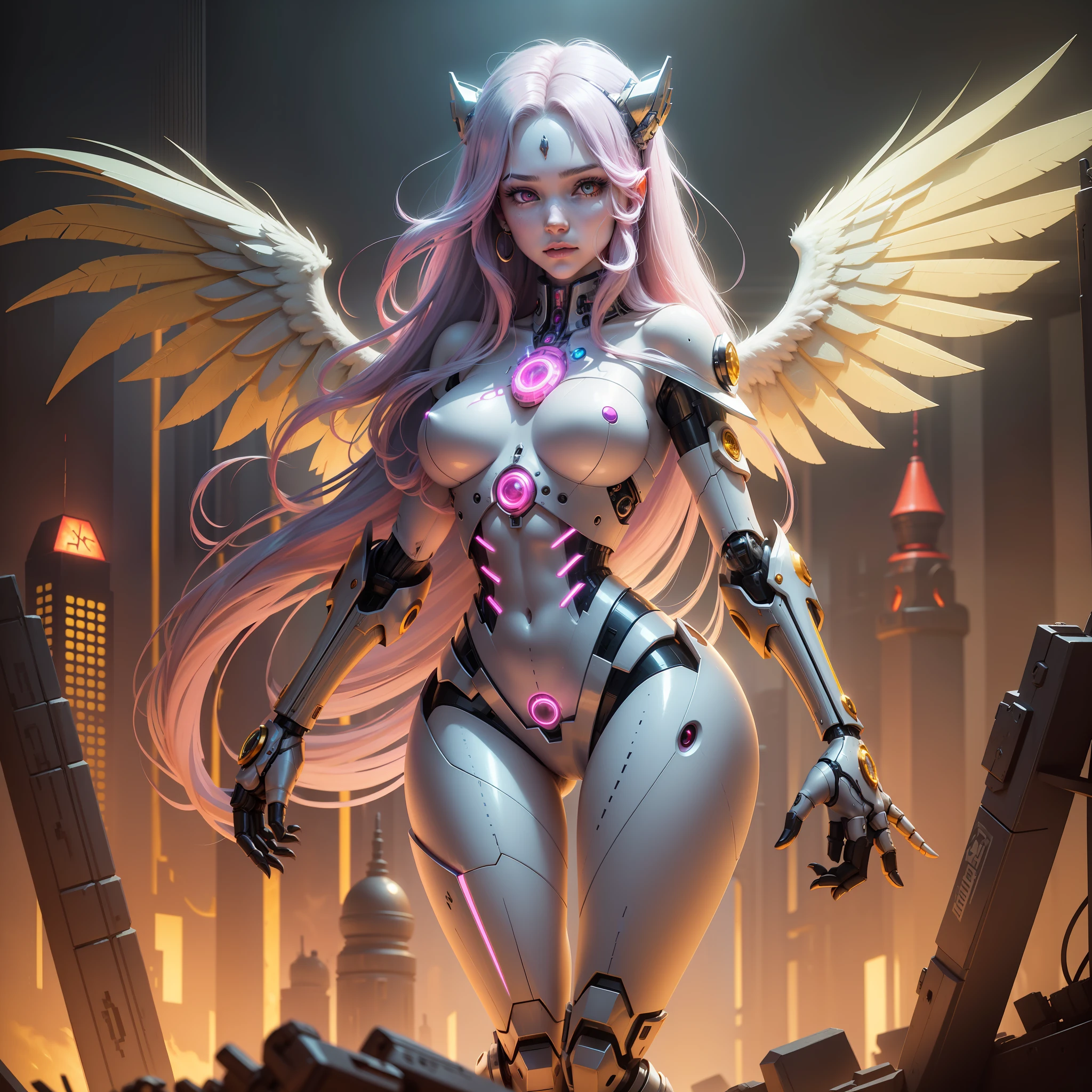 Princess Celestia, Princess Celestia Cyborg Girl, Princess Celestia from my little pony, Bio organism, Not a person, Mechanical parts, Straight hair, Lush hair, long hair, Sparkling hair, bionic parts of the body, Missing skin, Completely cyborg, Cybernetic organism, Mechanical arms, Mechanical legs, Mechanical white wings, Wings made of metal, burgundy eyes, red glowing eye, Full Growth, Full Body, Very detailed, Ultra 8K Quality, Broken parts, Holes in the mechanisms, not a living organism, Runes and Yellow Magic, a lot of yellow and white, Blue backlight, Sun Earrings, A lot of magic, Light Cyber Weapons, The sun, CyberAnk Kingdom, castle