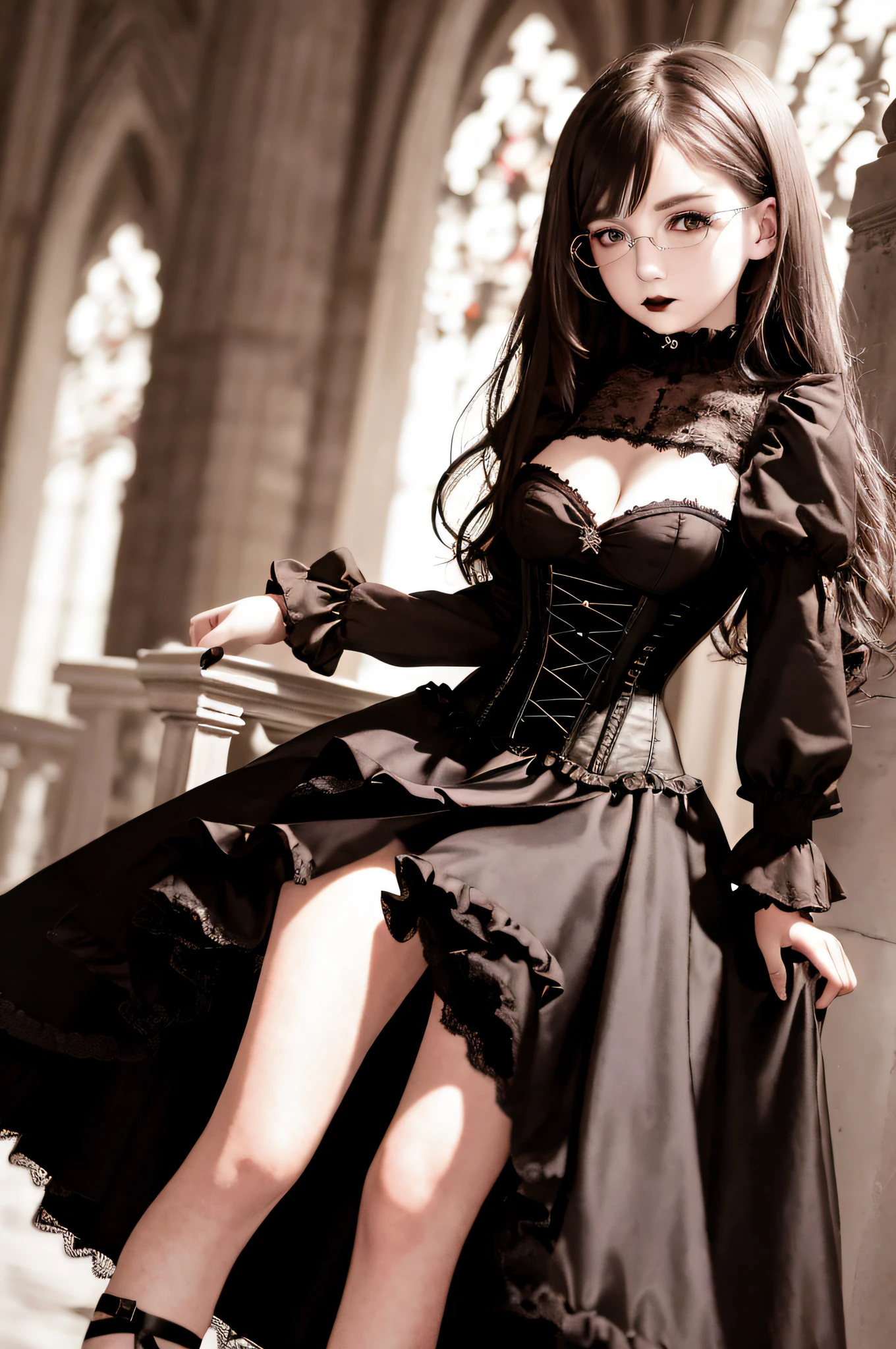 18-year-old female Gothic fashion, gothic fashion, lace and ruffles, bustle skirt, corset, gothic rock, breast size D cup, Boston-style glasses, brown hair, semi-long hair, chapel