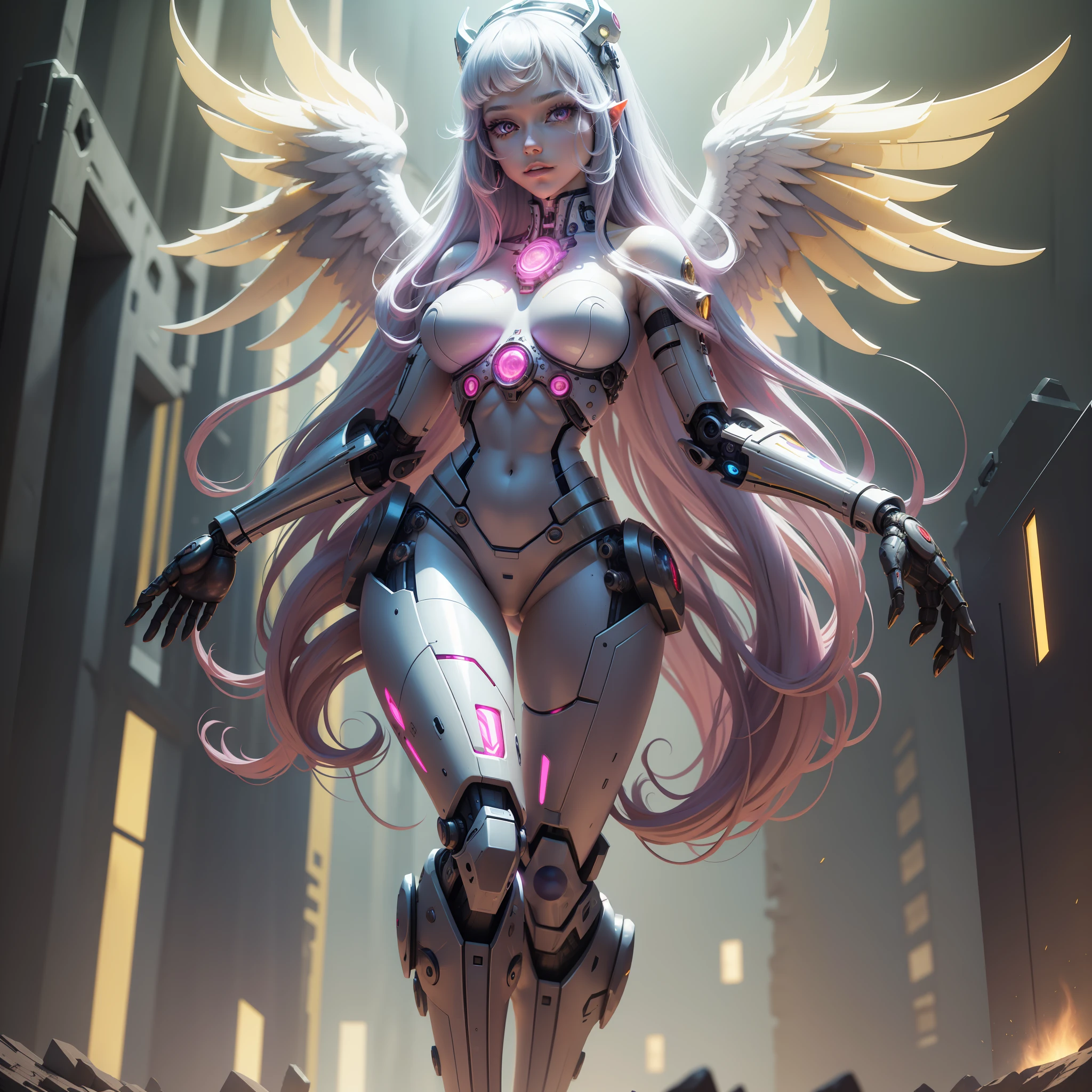 Princess Celestia, Princess Celestia Cyborg Girl, Princess Celestia from my little pony, Bio organism, Not a person, Mechanical parts, Straight hair, Lush hair, long hair, Sparkling hair, bionic parts of the body, Missing skin, Completely cyborg, Cybernetic organism, Mechanical arms, Mechanical legs, Mechanical white wings, Wings made of metal, burgundy eyes, red glowing eye, Full Growth, Full Body, Very detailed, Ultra 8K Quality, Broken parts, Holes in the mechanisms, not a living organism, Runes and Yellow Magic, a lot of yellow and white, Blue backlight, Sun Earrings, A lot of magic, Light Cyber Weapons, The sun, CyberAnk Kingdom, castle