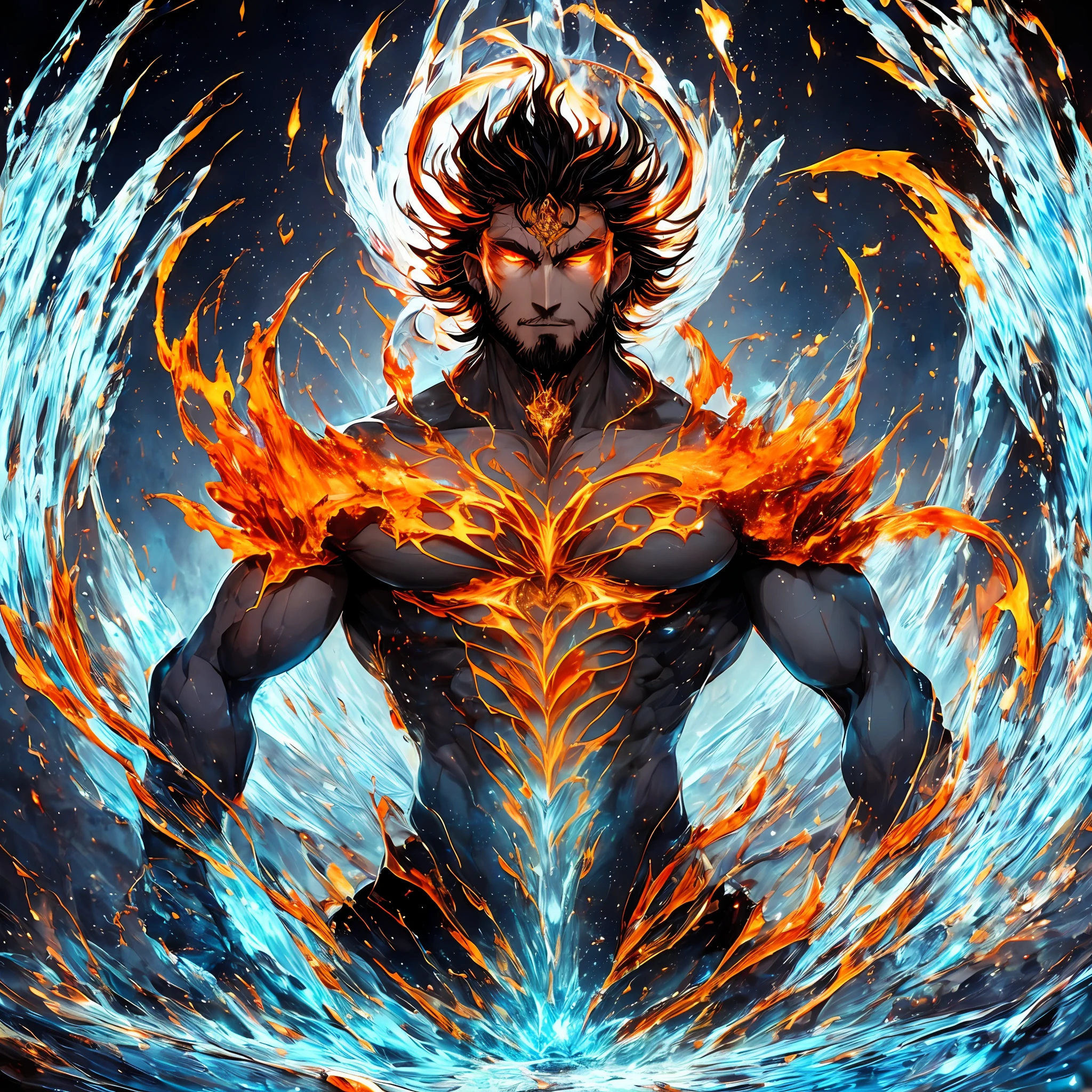 The God of fire and water is a majestic figure with distinct characteristics of both elements. Its right half is made of burning flames and flames that dance around it, while the left half is shaped by powerful waves and continuous flows of water.

The line dividing the elements is clear and precise; None of the elements mix or intersect. The fire half emits an intense reddish glow and a strong warm energy, while the water half produces a bluish and refreshing aura.

The face of the God of fire and water is imposing and enigmatic, similar to a human face but with supernatural features. His eyes are sparks of fire and crystals of water that glow with intensity. His mouth is half-open, as if he is about to utter a powerful word.

This God represents the duality of nature, the union of two seemingly opposite elements that contrast and complement each other. He is an imposing figure who inspires respect and admiration, and his presence is felt even from a distance. --auto --s2