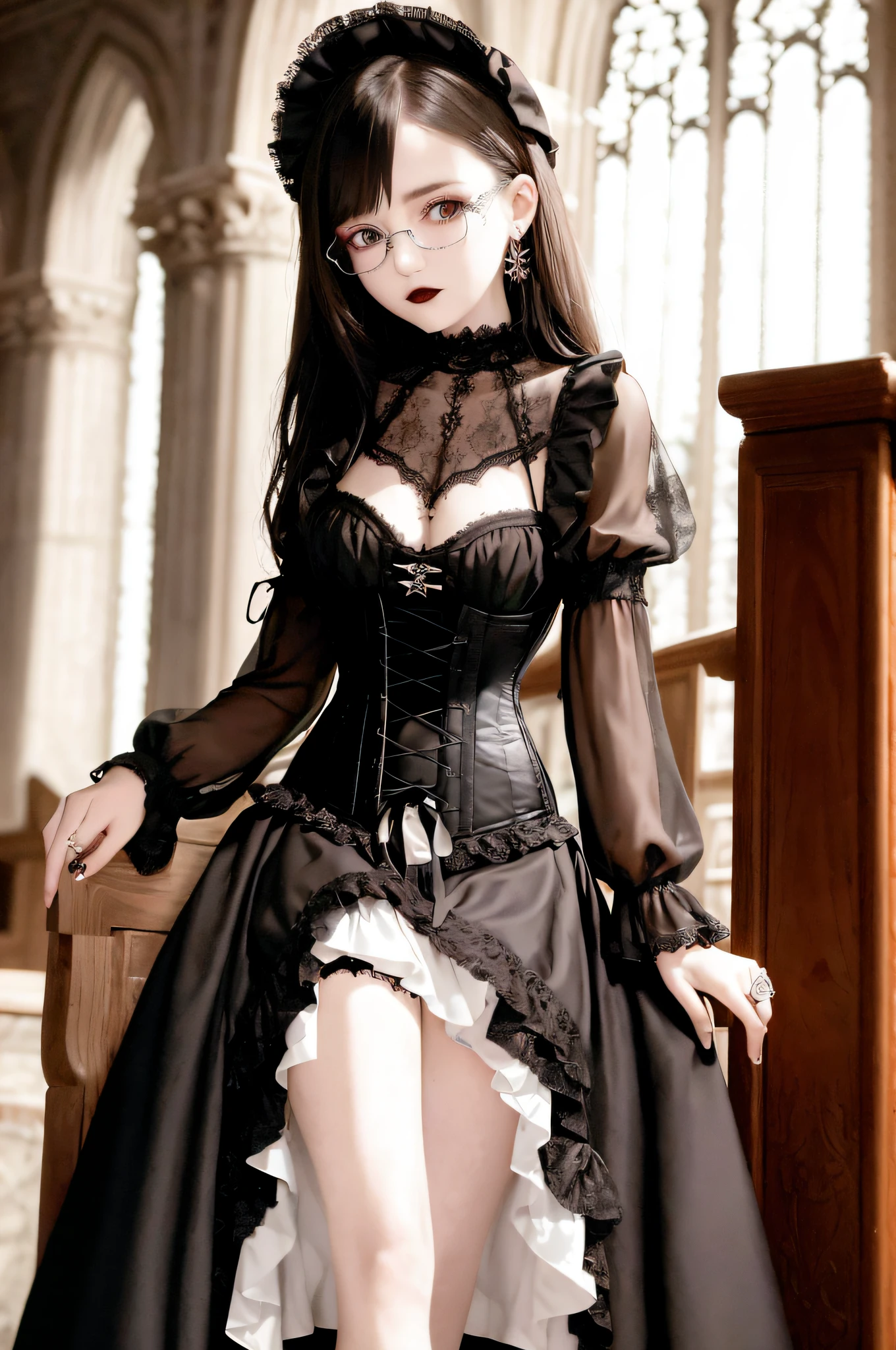18-year-old female Gothic fashion, gothic fashion, lace and ruffles, bustle skirt, corset, gothic rock, breast size D cup, Boston-style glasses, brown hair, semi-long hair, chapel