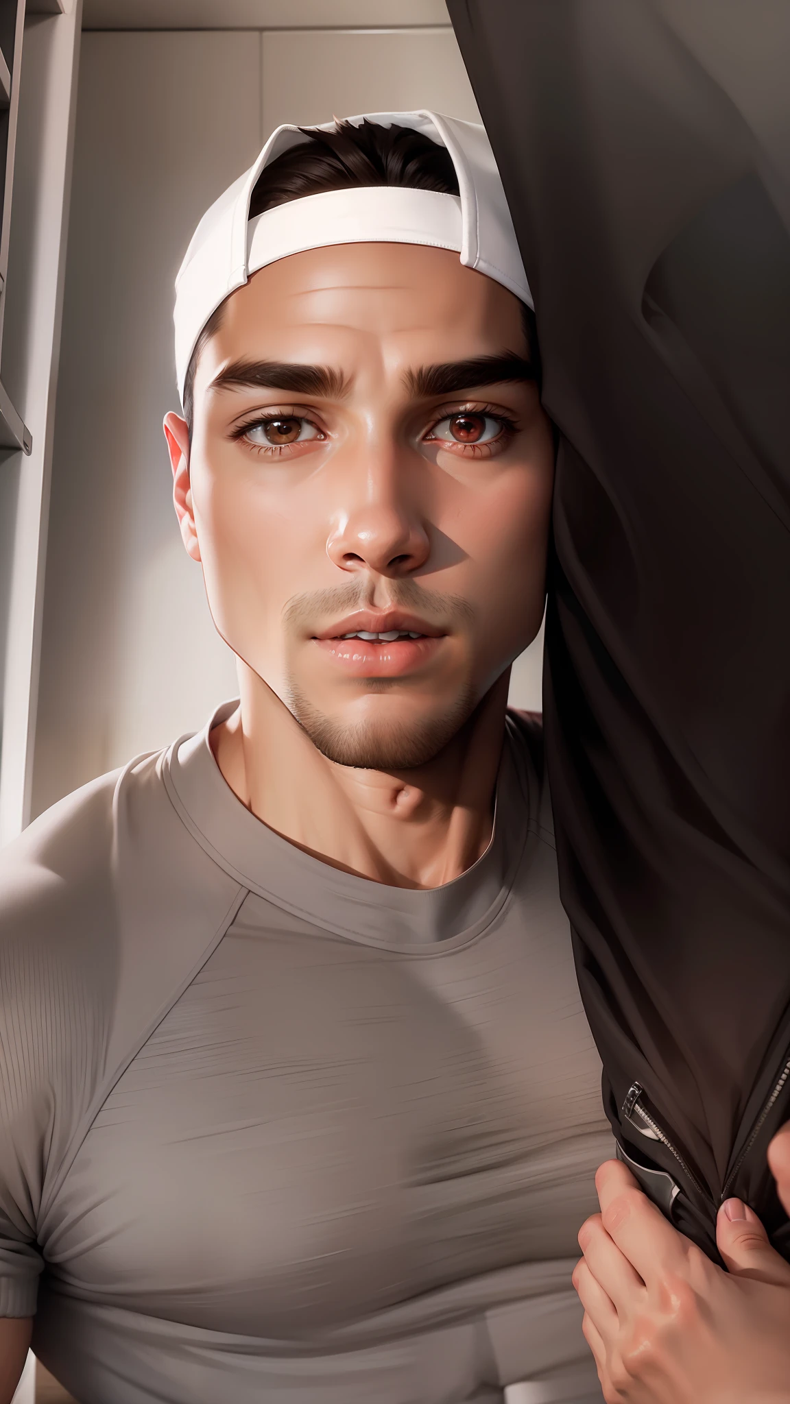 (masterpiece, best quality ), 1man, muscular, short hair, brown eyes, intricate, (locker room) , full body, white baseball uniform, open red jacket, vivid colors,(depth of field:1.2),(abs),blush, looking at viewer, on floor, spread legs,