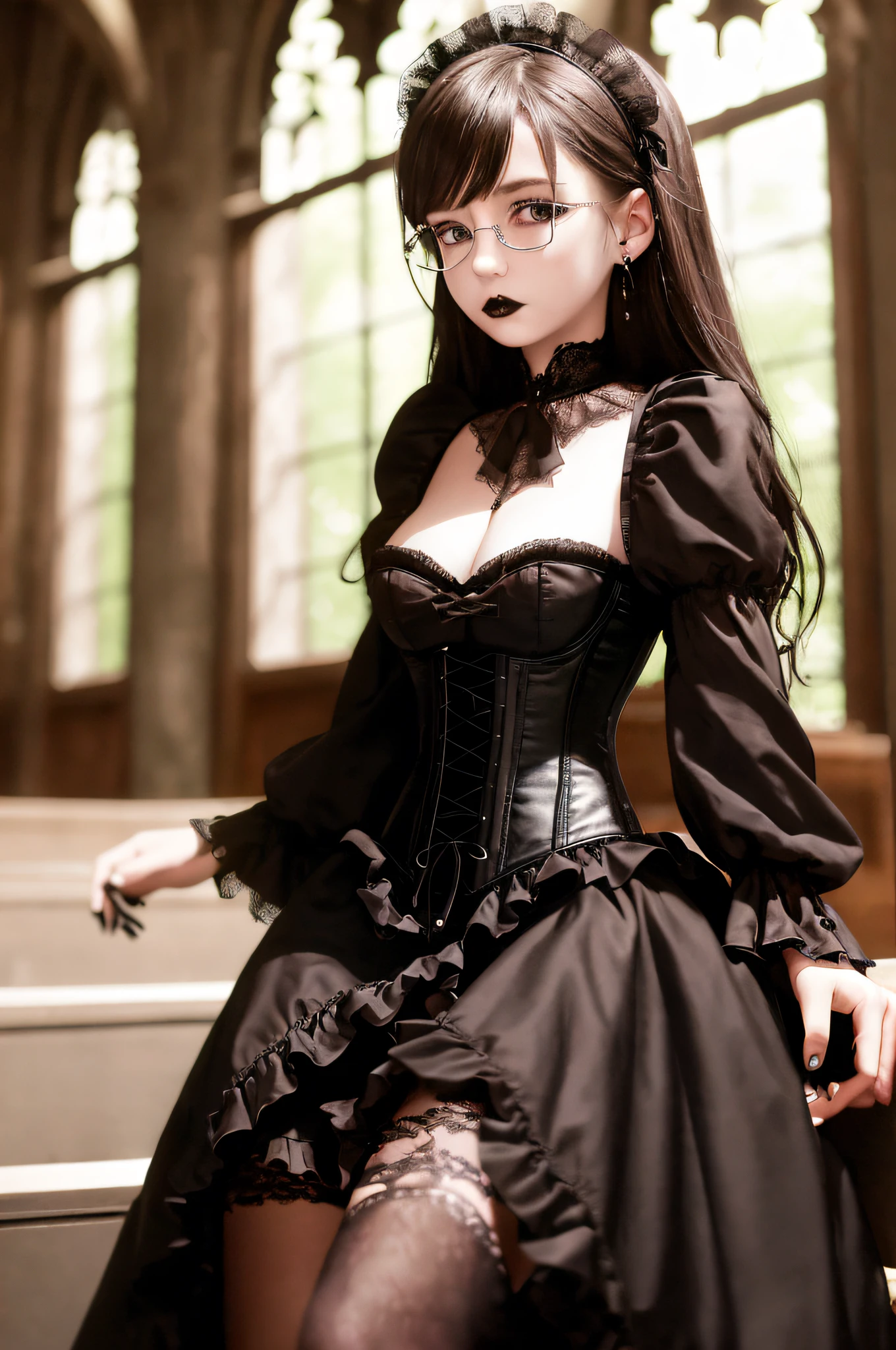 18-year-old female Gothic fashion, gothic fashion, lace and ruffles, bustle skirt, corset, gothic rock, breast size D cup, Boston-style glasses, brown hair, semi-long hair, chapel