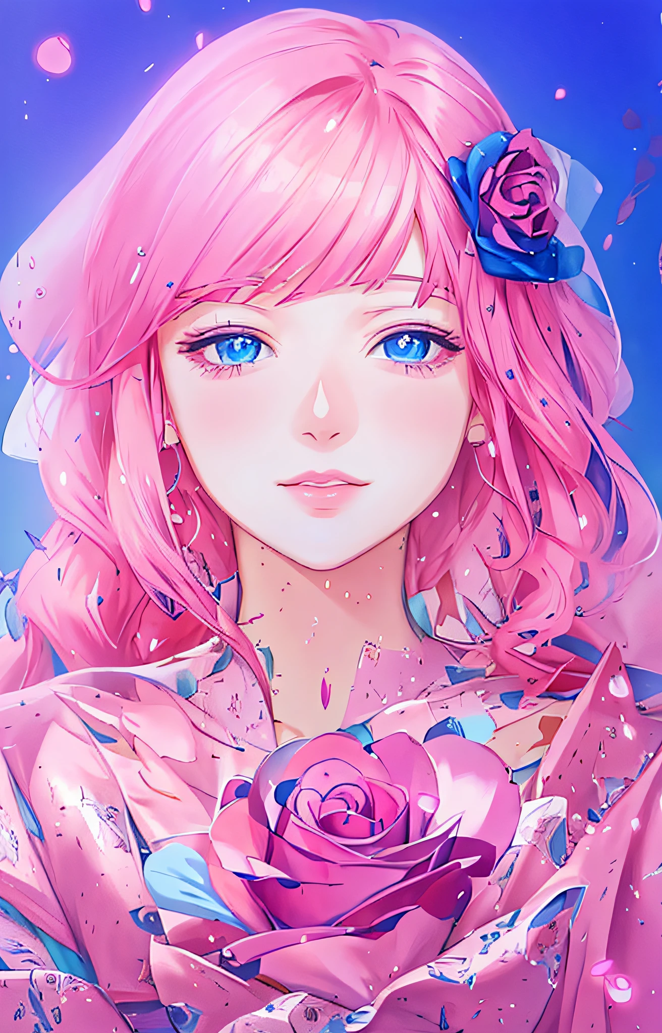 anime girl with blue eyes and pink hair holding a rose, anime digital art, stunning anime face portrait, beautiful anime face, beautiful anime portrait, anime art wallpaper 4k, anime art wallpaper 4 k, beautiful fantasy anime, beautiful anime girl, digital anime art, anime style 4 k, beautiful anime, beautiful digital art, gorgeous digital art, very beautiful digital art