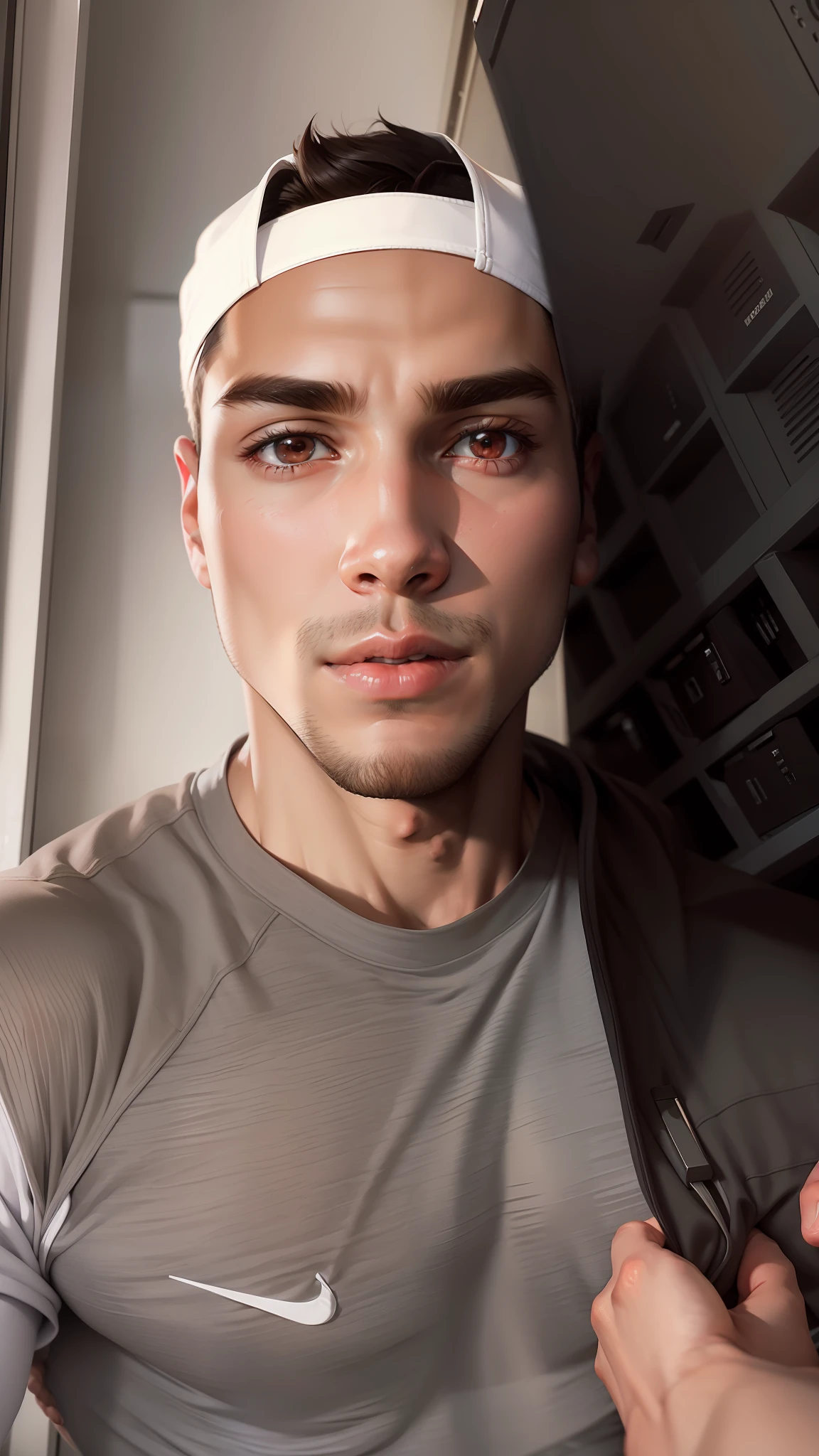 (masterpiece, best quality ), 1man, muscular, short hair, brown eyes, intricate, (locker room) , full body, white baseball uniform, open red jacket, vivid colors,(depth of field:1.2),(abs),blush, looking at viewer, on floor, spread legs,
