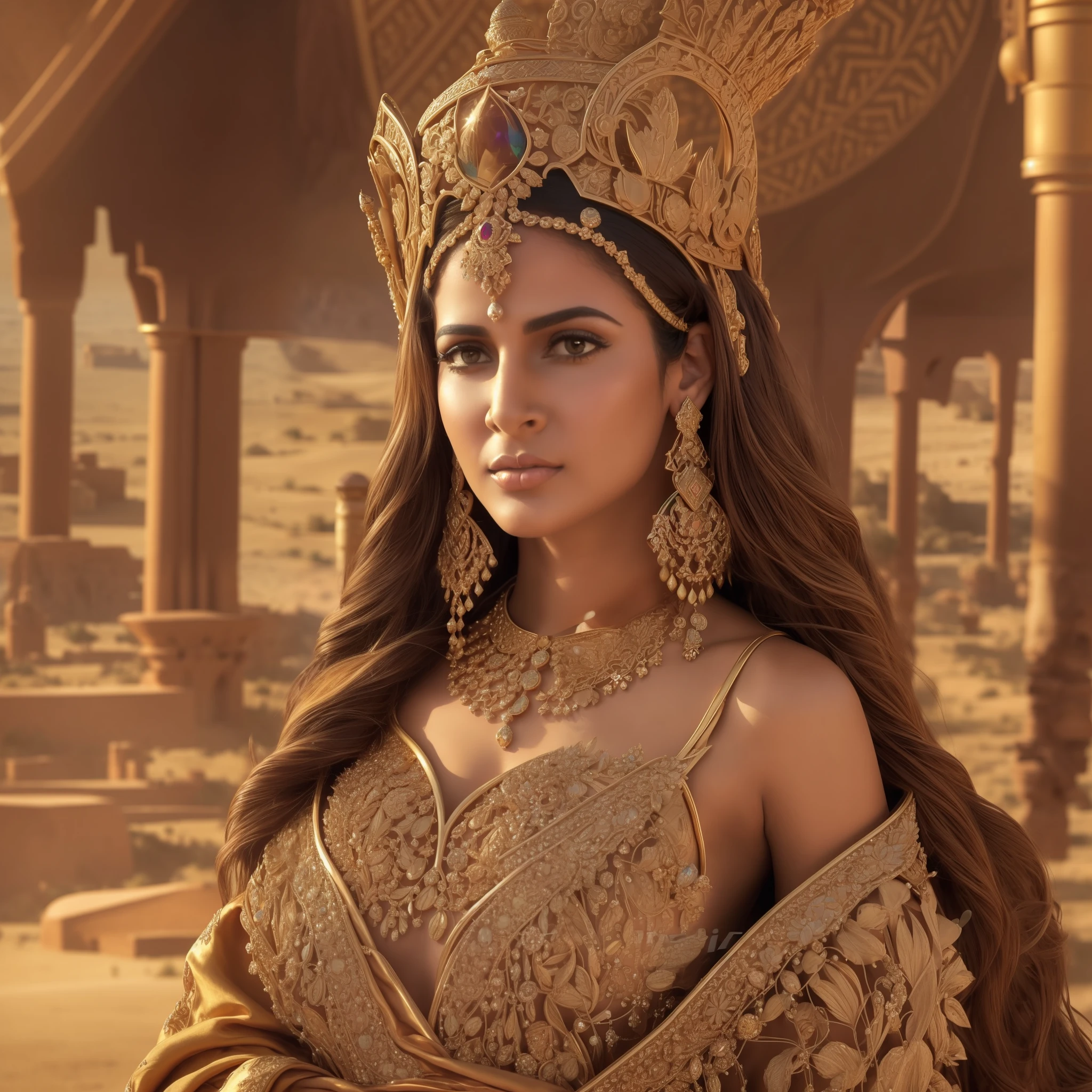 fking_scifi, fking_scifi_v2, portrait of a young Arab woman, with a seductive crown, large chest, extremely beautiful and attractive, in front of a desert city, long messy hair, rich colorful clothes and golden jewelry, close-up, royal pose and attitude. fking_cinema_v2. --auto --s2