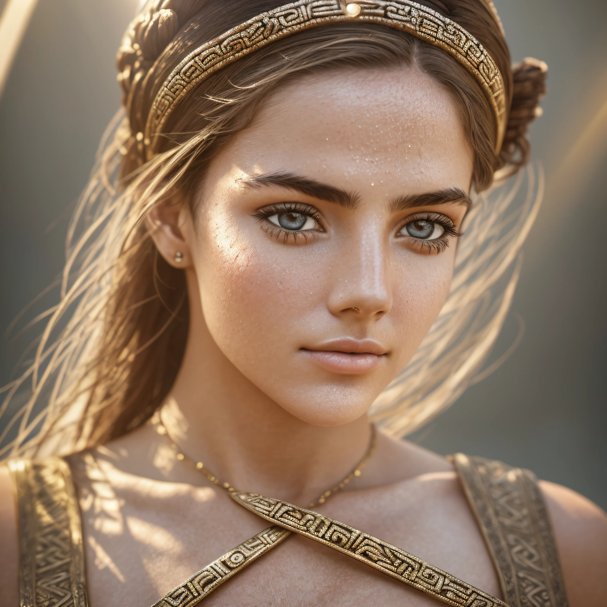woman from ancient greece, close up, Bokeh, raw, ((sunlight spread over face)), close portrait, (extreme skin details), ultra realistic, rule of thirds, dramatic ceiling lighting, detailed face, cute, 8k, intricate details, divine rays, light leaks --auto --s2