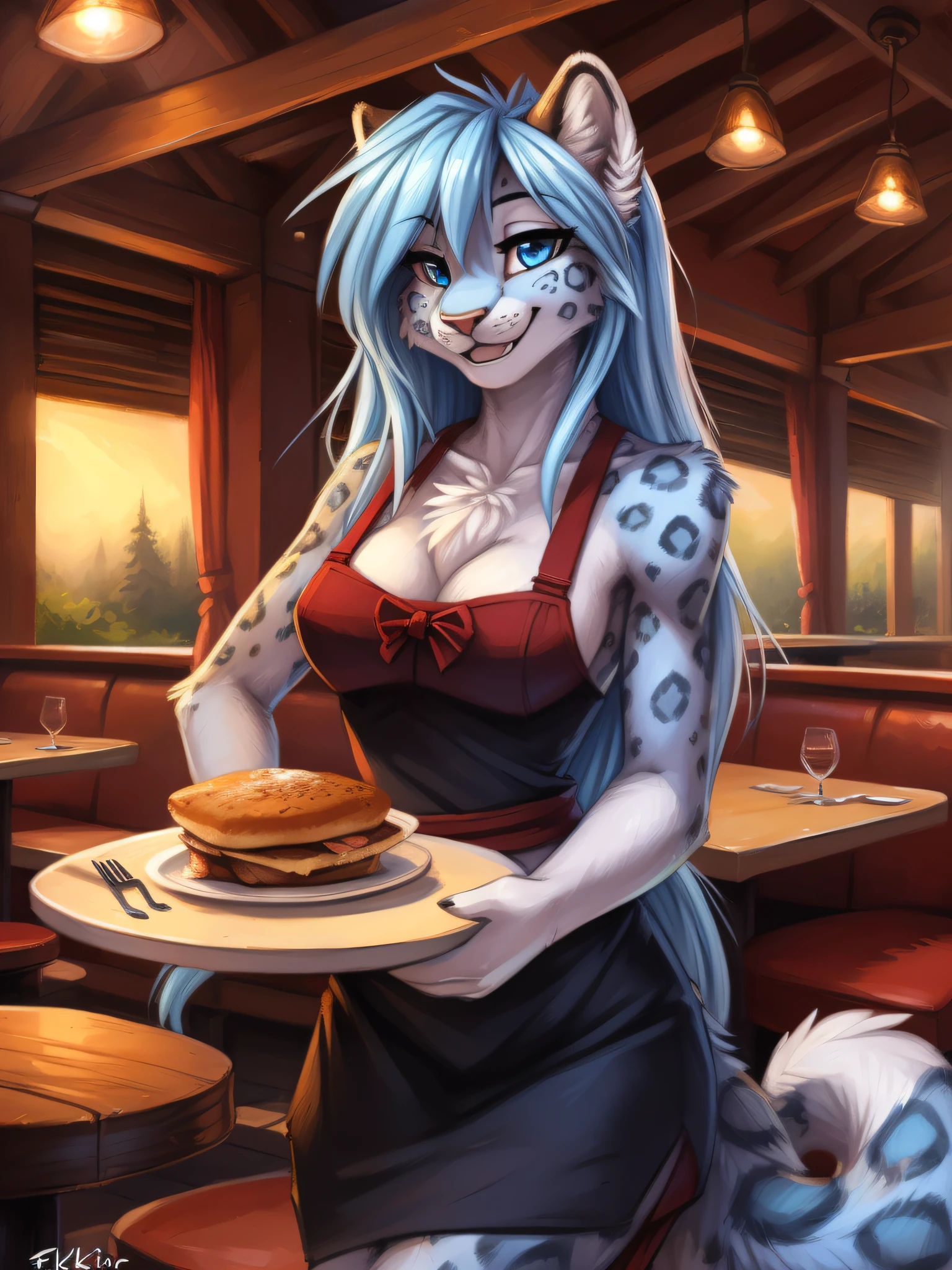 by fluff-kevlar, by Zackary911, by Kenket, by Kilinah, by fluff-kevlar, (masterpiece), (best quality), (anthro furry:1.3, snout:1.2, anthro:1.3, furry:1.2, solo female:1.2), solo, fully body, waitress, full body, (happy expression, perfect posture, smile), restaurant background, long hair, light blue hair, snow leopard, blue eyes