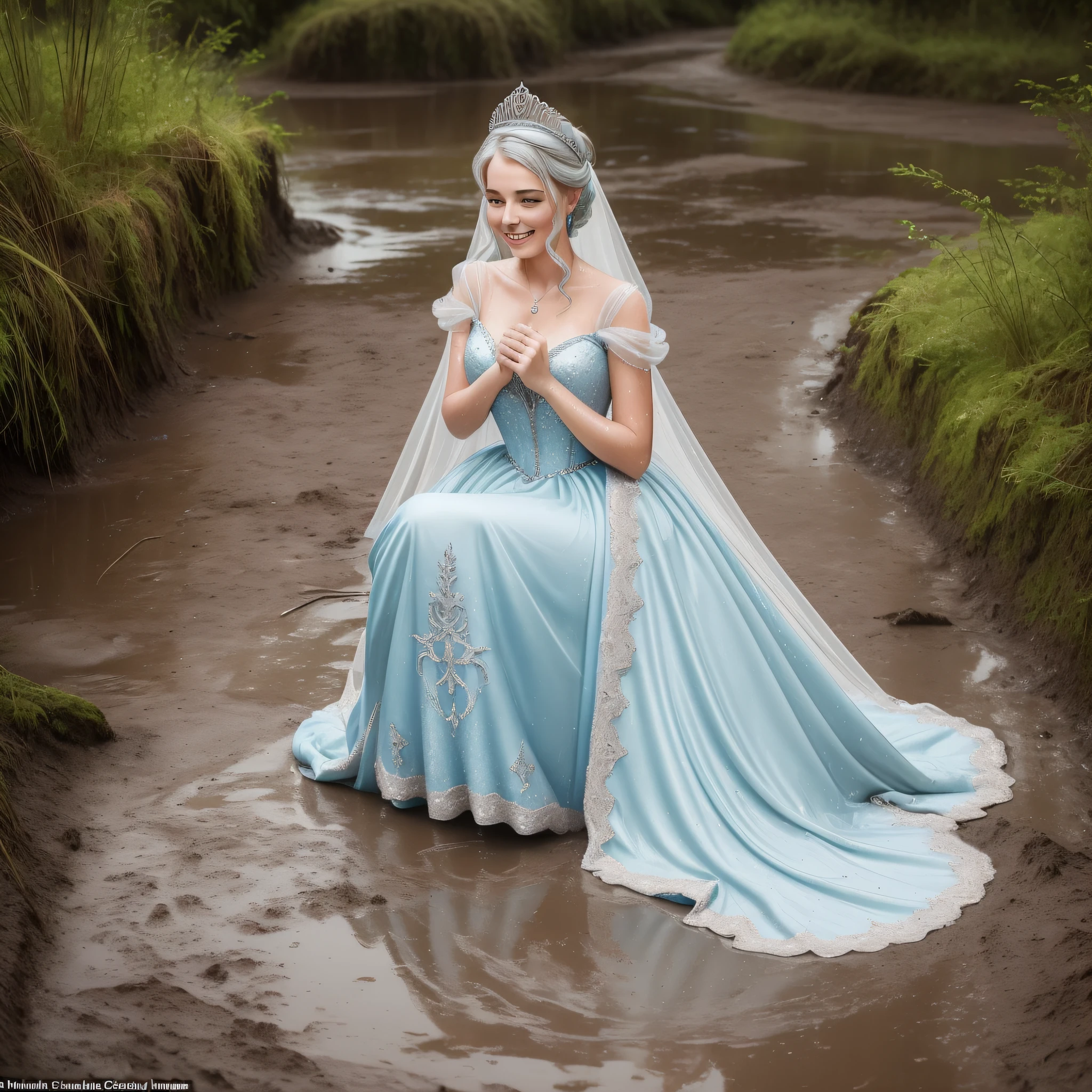(wet hair 0.9) Cinderella eagerly put on the beautiful silver ballgown, slipped on the delicate, long, white gloves and the shimmering silver stilettos, and placed the sparkling tiara atop her immaculate updo. She also adorned herself with the beautiful jewelry. Once she was fully dressed, Cinderella took a deep breath and dove into the mud with abandon. She rolled around in the thick mud, feeling it squish and squelch against her skin and soak into her gown. Now covered in mud, her gown stained and ruined, Cinderella lay back in the puddle, a happy smile on her face.