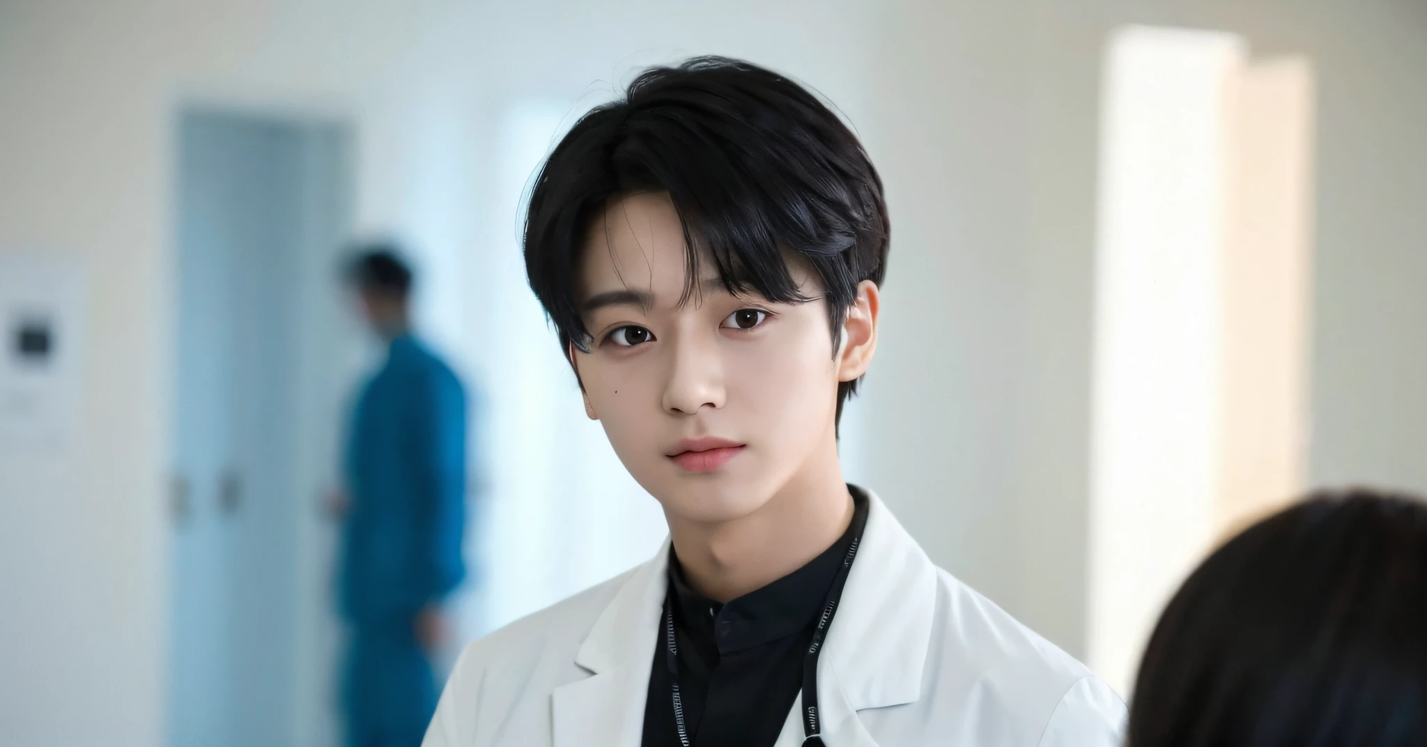 Black hair, Masterpiece, High quality, Best quality, 4K, 1 boy, Doctor in white coat, Black in lab coat, Short hair
