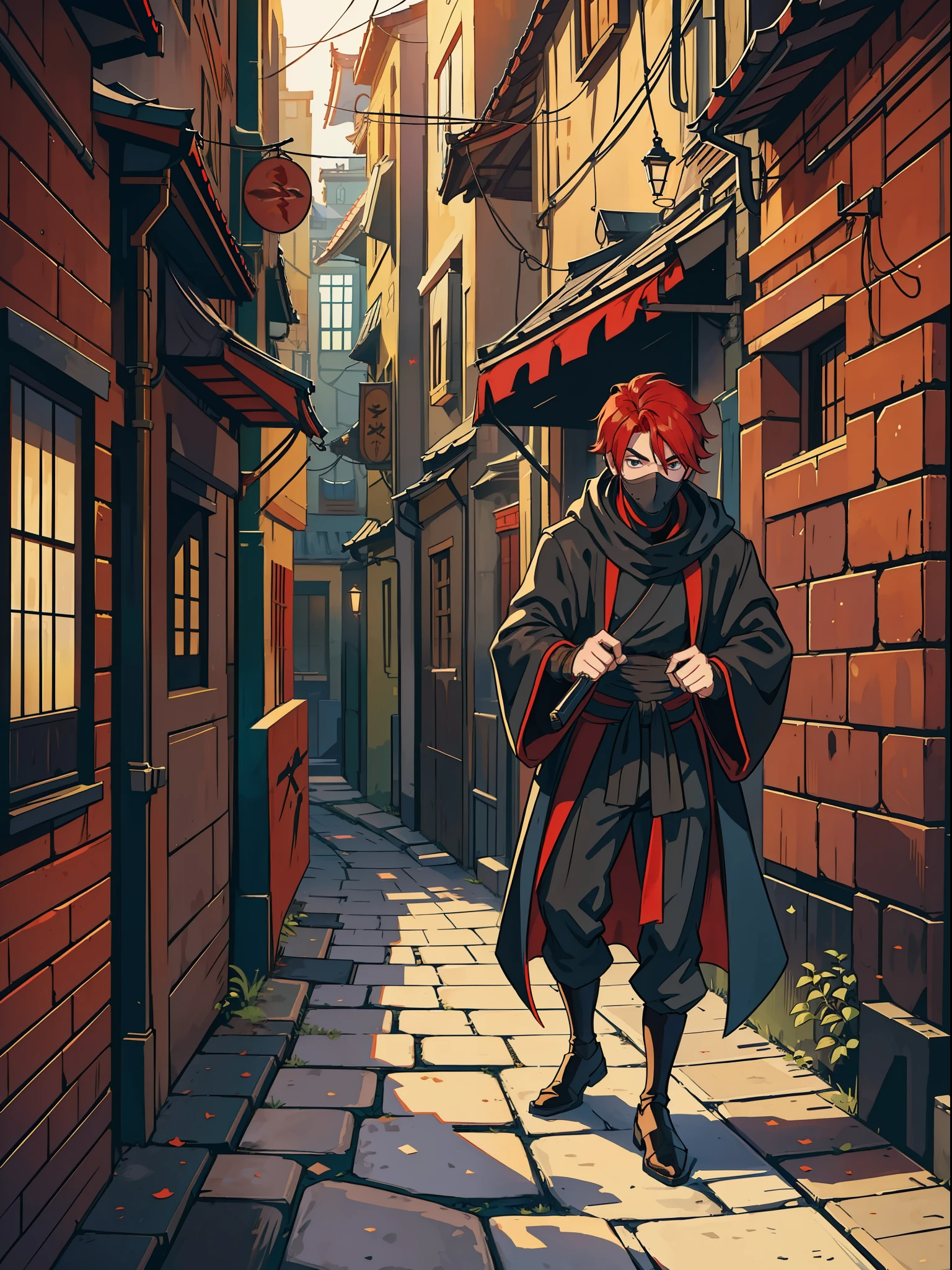 a young man with red hair he is a rogue wearing black robes to go unnoticed and a ninja mask rogue fabrics that cover his mouth and nose in the background of the image an alley of a medieval city any alley on the outskirts he has a wise and snobbish look make a very magical and surprising image background with various elements and colors