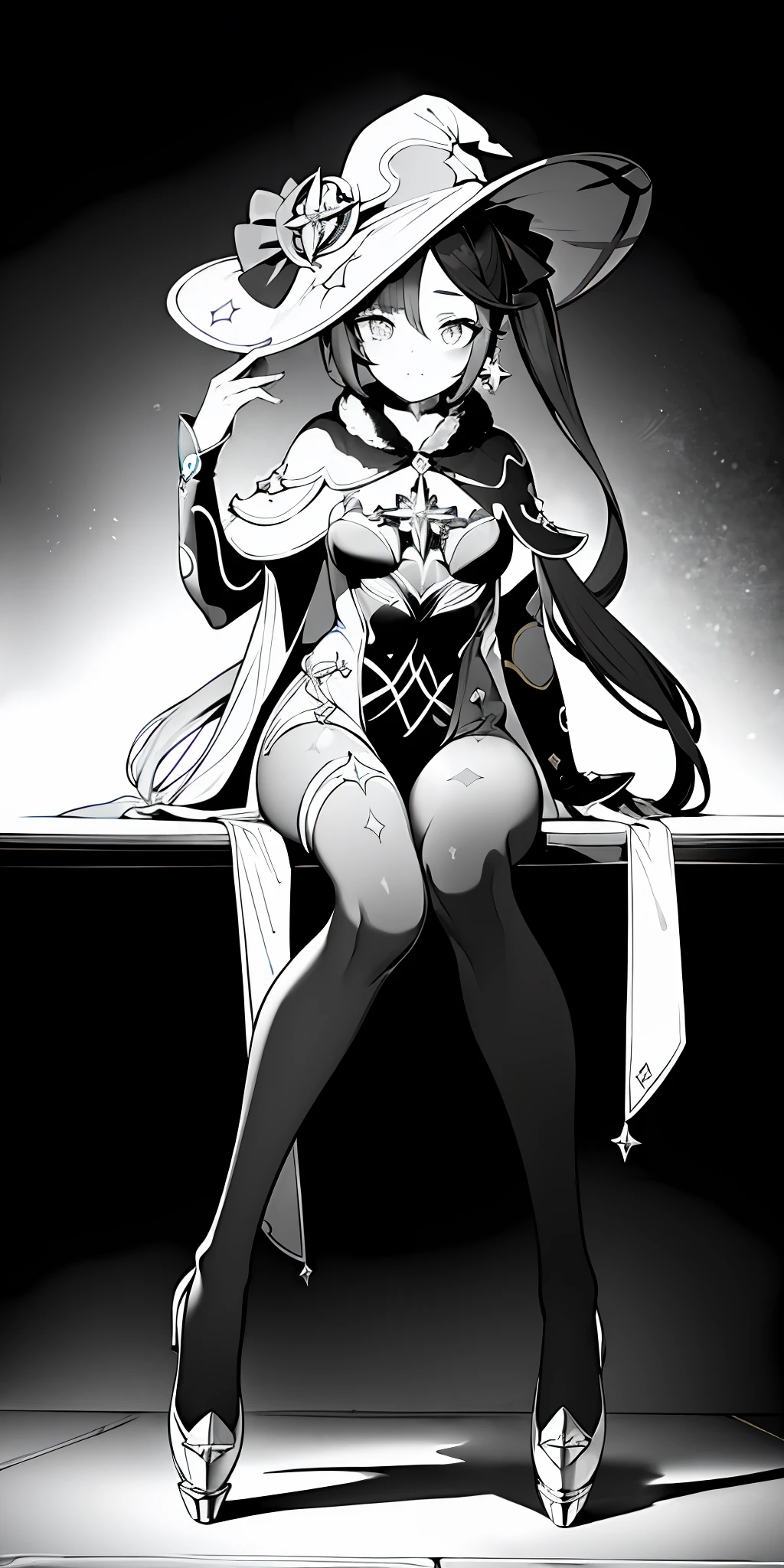 (masterpiece:1.3), (intricate:1), best quality, official art, 8k wallpaper, highly detailed, illustration, lineart, monochrome, cinematic light, monastarpact, 1 girl, (full body view:1.2), sitting down,