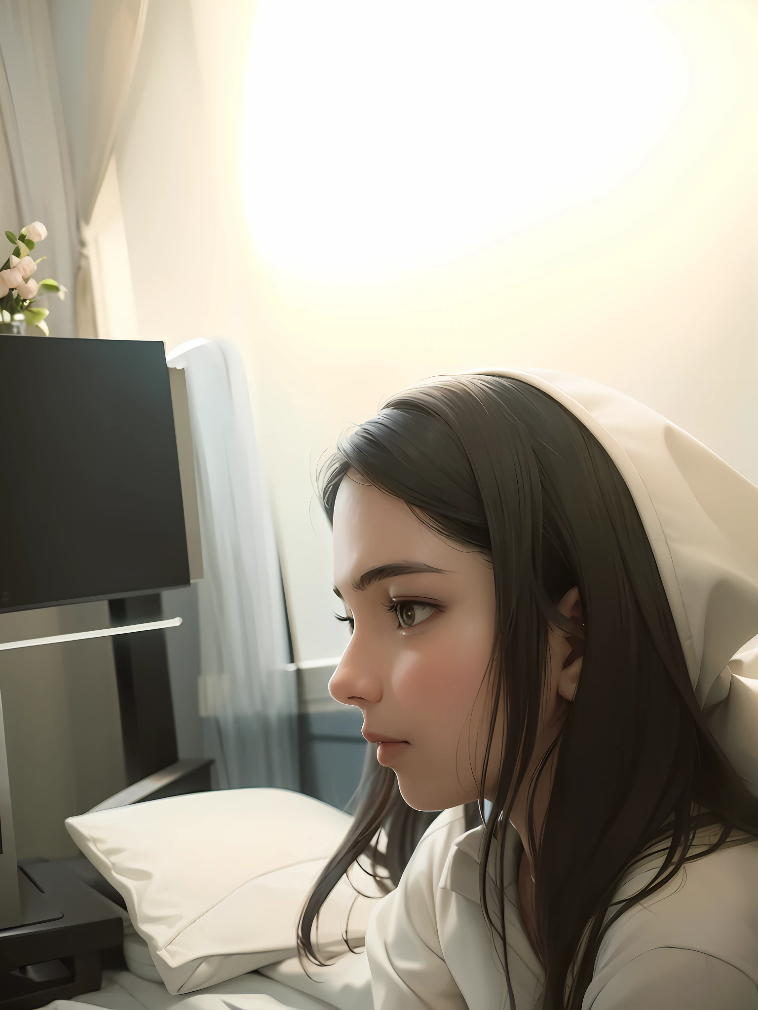 there's a woman sitting on a bed, looking away from the camera, looking off the camera, dimly lit, looking away from the camera, looking sideways, looking to the side, looking to the side, looking to the side, profile view, realistic photo, a realistic photo of a 25-year-old girl wearing a sweatshirt, brown hair,  (1girl), (8k extremely detailed CG unit wallpaper), photo of the world's most beautiful artwork, professional majestic (photograph by Steve McCurry), 8k uhd, dslr, soft lighting, high quality, film grain, sharp focus Fujifilm XT3, f 5.6, high detail, sharp focus, dramatic, (looking at the viewer: 1.2), (detailed pupils: 1.3), (natural light),