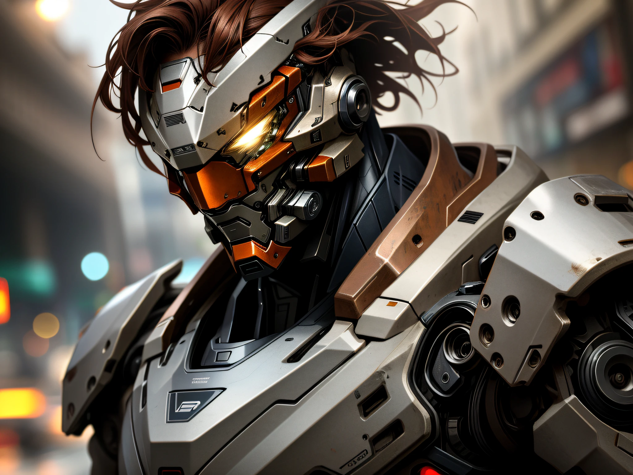 Portrait photo of an handsome male  ,perfect eyes ,  in a worn mecha exosuit,((light bokeh)), intricate, (steel metal [rust]), elegant, sharp focus, photo by greg rutkowski, soft lighting, vibrant colors, masterpiece, ((streets)), detailed face