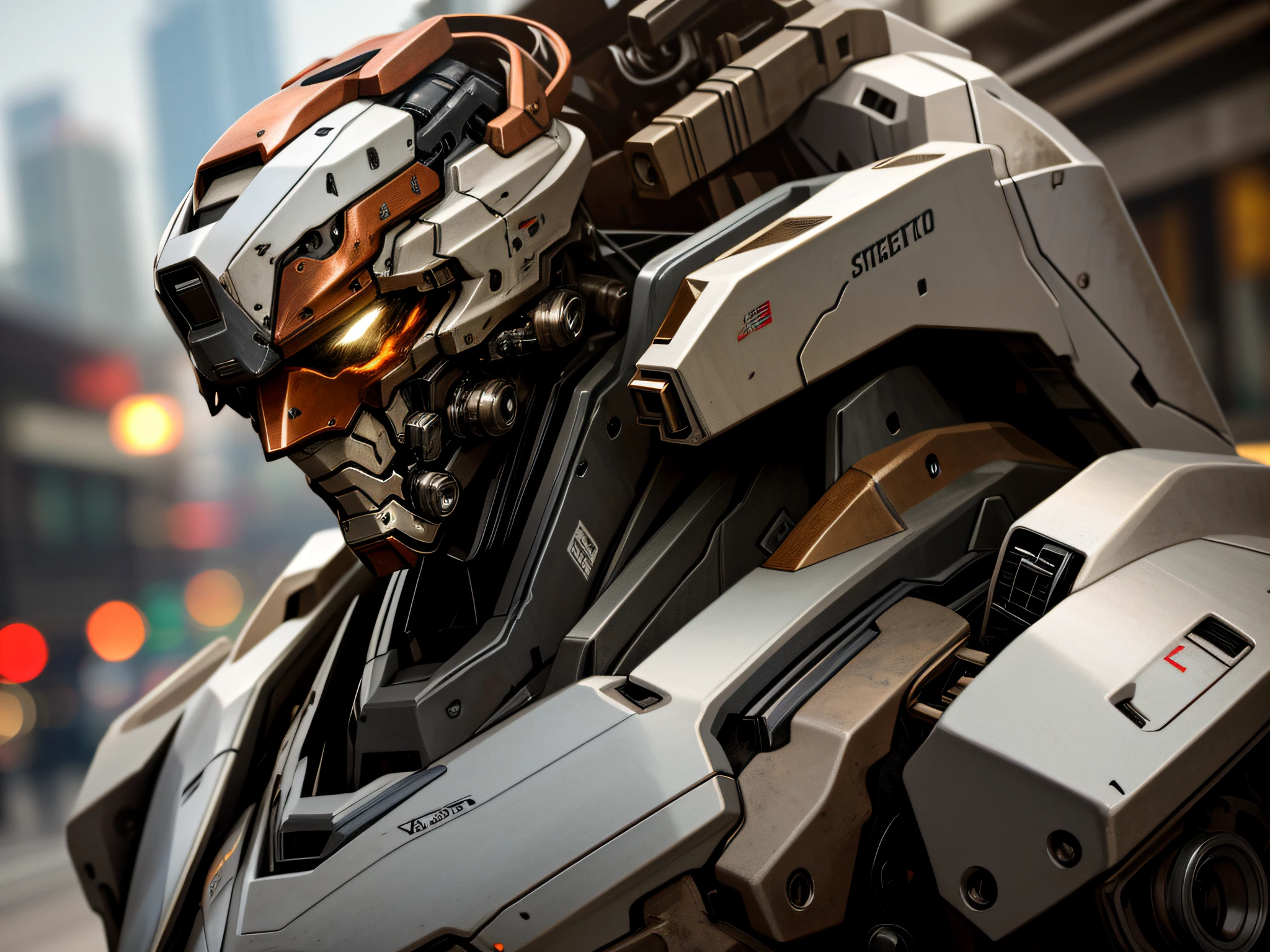 Portrait photo of an handsome male  ,perfect eyes ,  in a worn mecha exosuit,((light bokeh)), intricate, (steel metal [rust]), elegant, sharp focus, photo by greg rutkowski, soft lighting, vibrant colors, masterpiece, ((streets)), detailed face