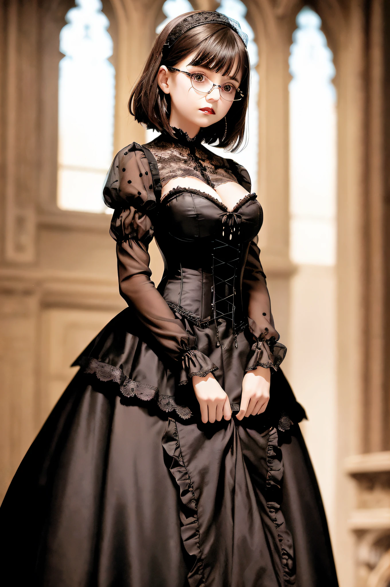 18-year-old female Gothic fashion, gothic fashion, lace and ruffles, bustle skirt, corset, D cup breast size, Boston-style glasses, brown hair, bob hair, chapel