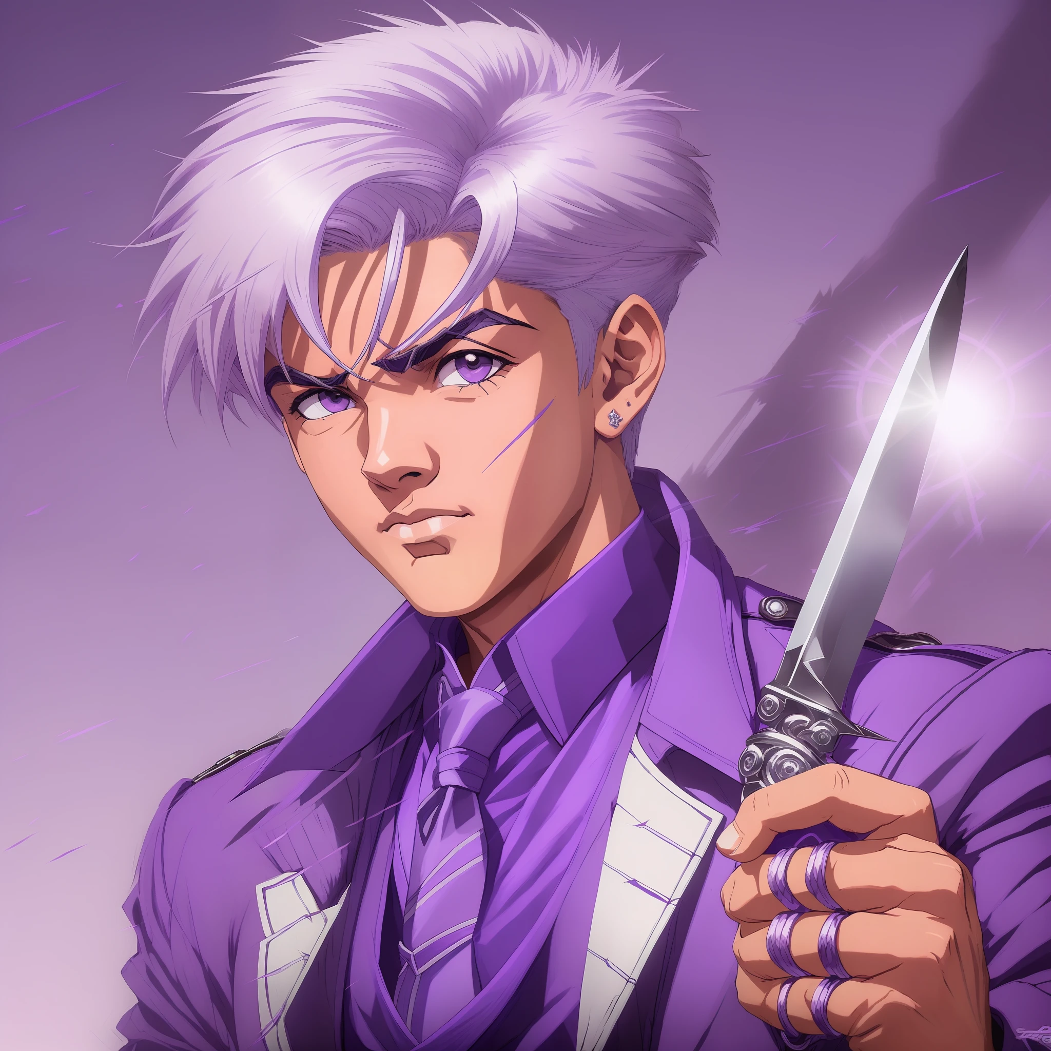 "Best quality, ultra-detailed, dynamic and stylish CG portrait of an adolescent boy with a purple gangster outfit, a knife in hand, white hair, and purple eyes. Striking the perfect balance between danger and glamour. (garoto adocelente+cabelos brancos+olhos roxos+roupas de gangster roxa:1.3)"