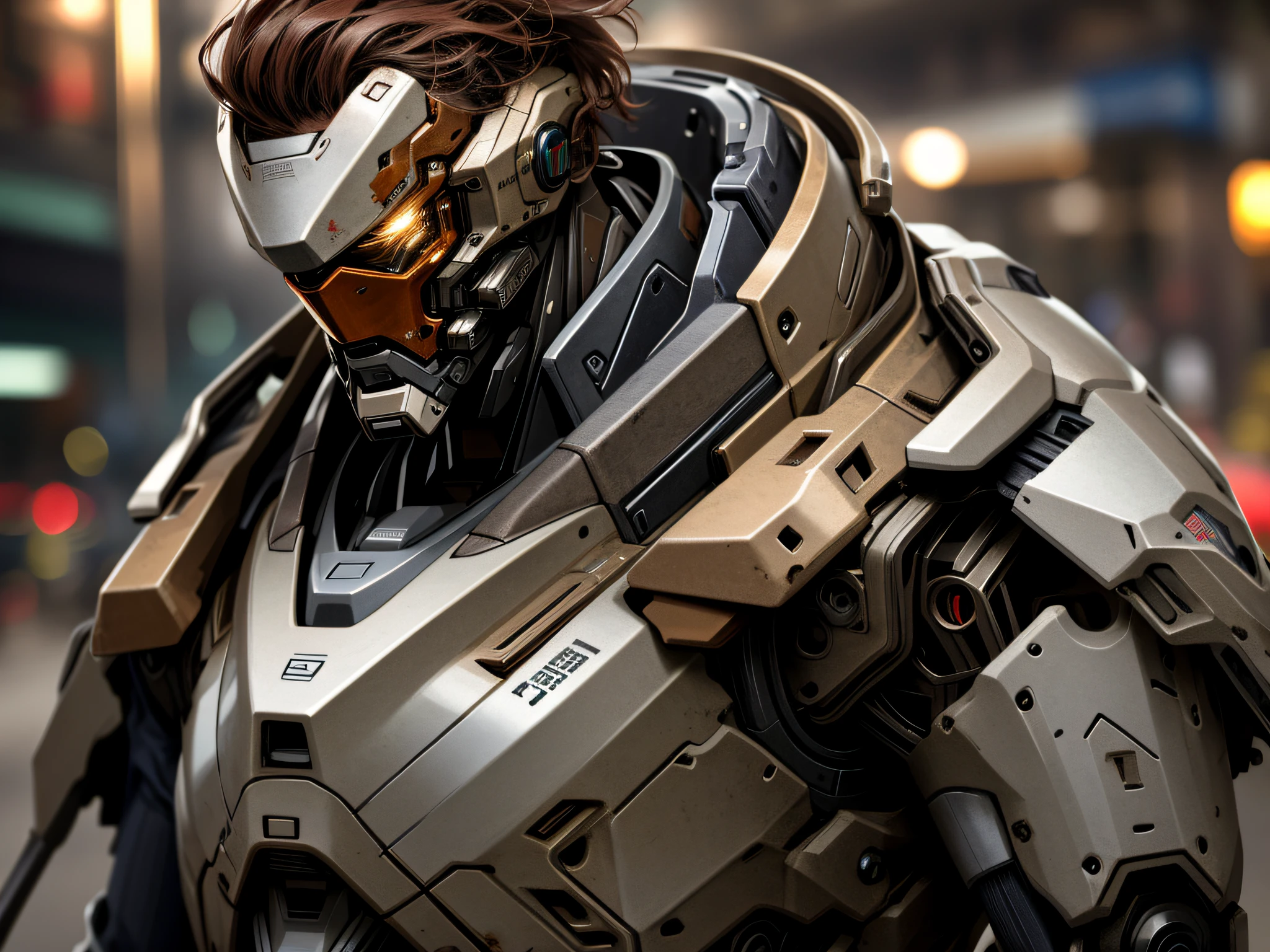 Portrait photo of an handsome male  ,perfect eyes ,  in a worn mecha exosuit,((light bokeh)), intricate, (steel metal [rust]), elegant, sharp focus, photo by greg rutkowski, soft lighting, vibrant colors, masterpiece, ((streets)), detailed face